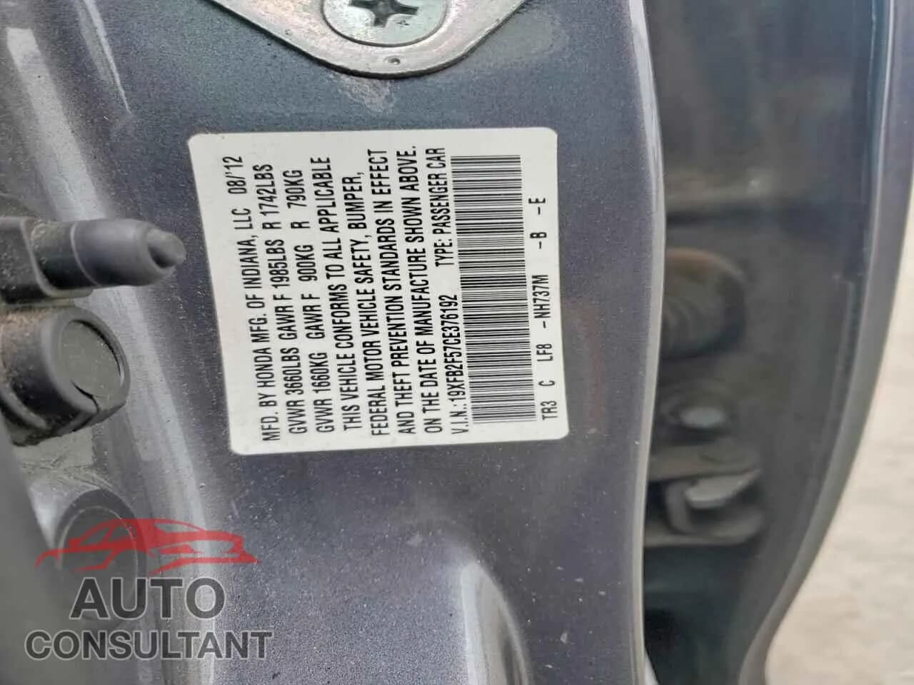 2012 HONDA CIVIC Damaged VIN 19XFB2F57CE376192 – photo 12 2012 HONDA CIVIC Damaged VIN 19XFB2F57CE376192 – photo 12