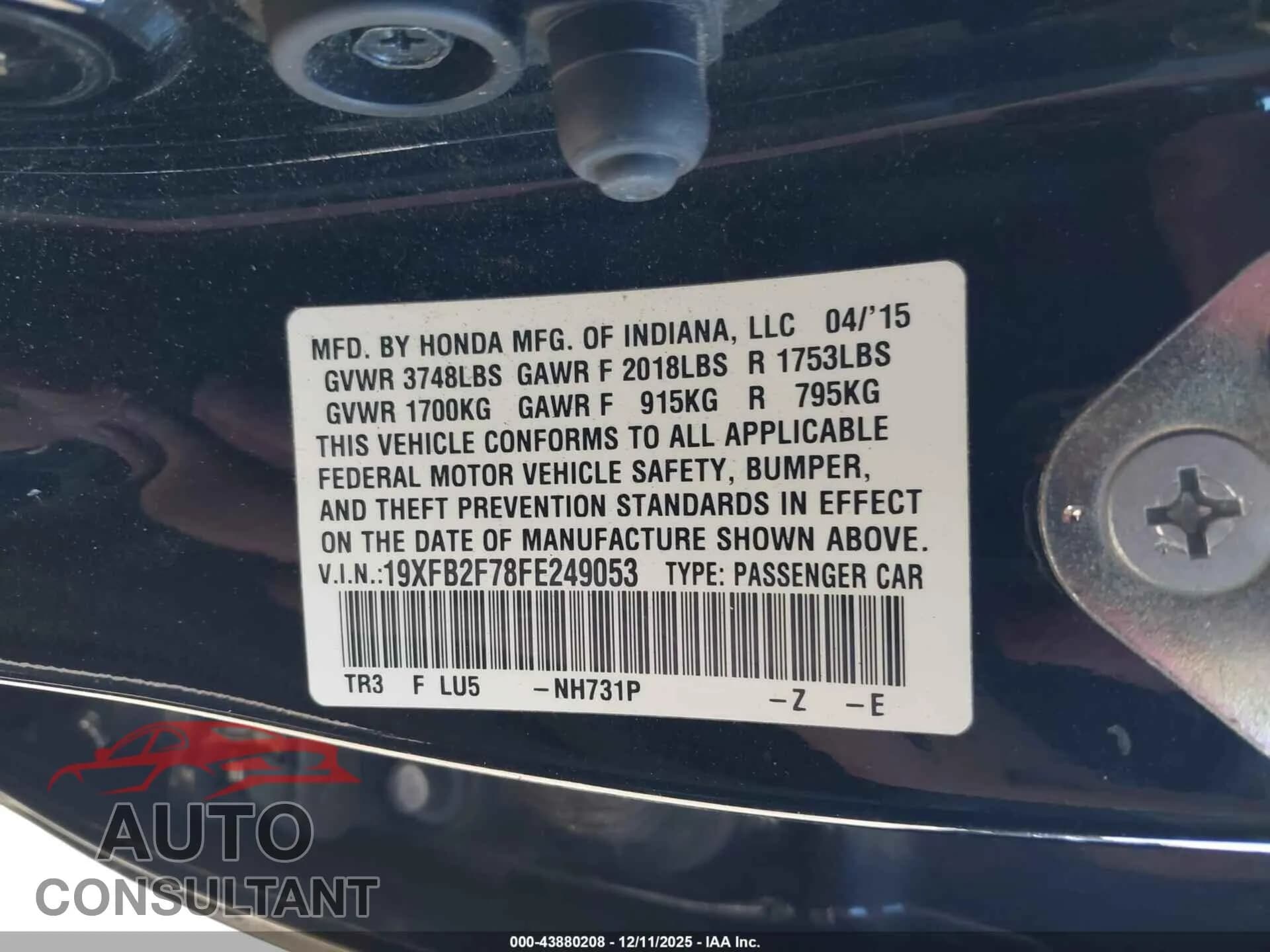2015 HONDA CIVIC Damaged VIN 19XFB2F78FE249053 – trunk area 2015 HONDA CIVIC Damaged VIN 19XFB2F78FE249053 – trunk area