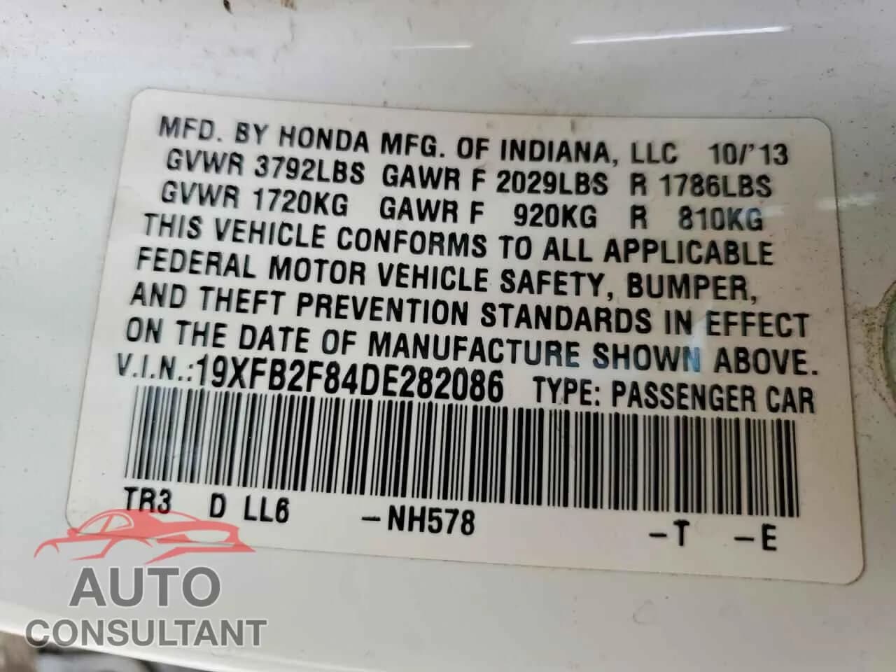2013 HONDA CIVIC Damaged VIN 19XFB2F84DE282086 – photo 12 2013 HONDA CIVIC Damaged VIN 19XFB2F84DE282086 – photo 12
