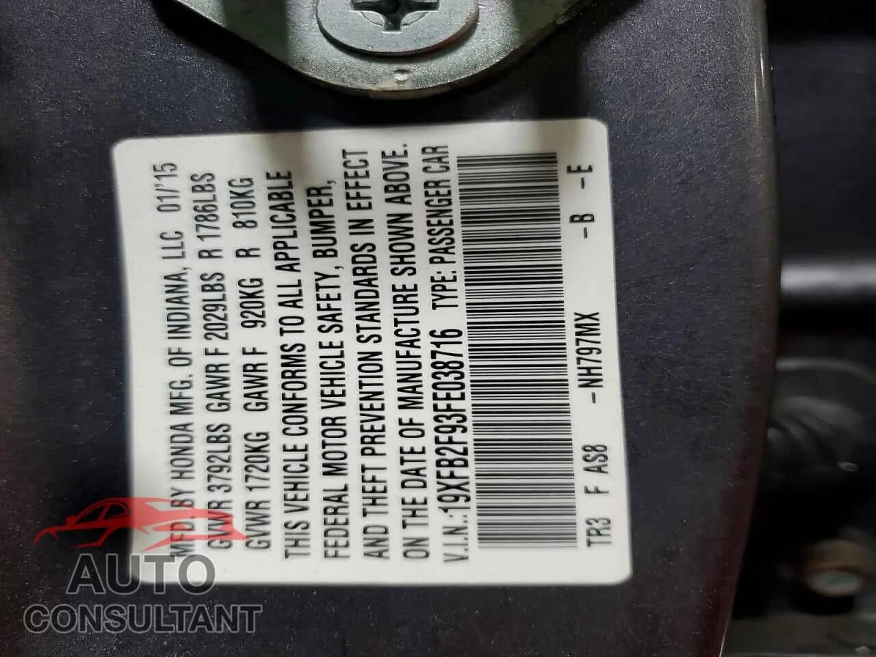 2015 HONDA CIVIC Damaged VIN 19XFB2F93FE038716 – photo 12 2015 HONDA CIVIC Damaged VIN 19XFB2F93FE038716 – photo 12