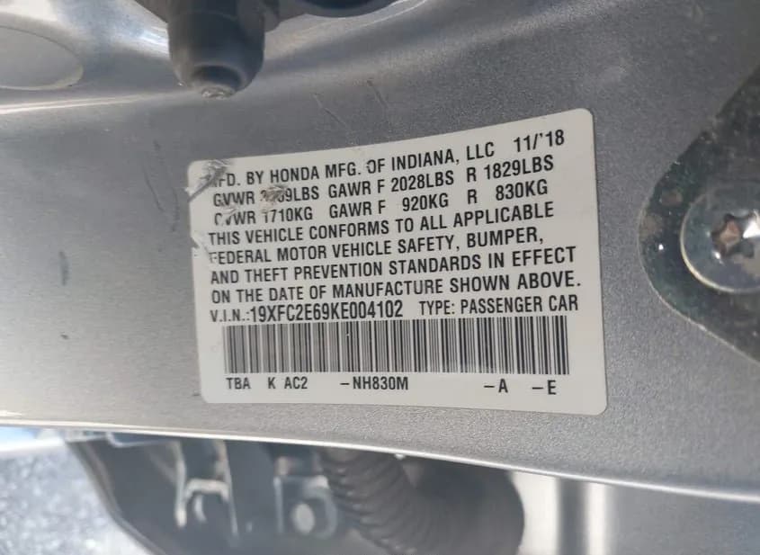 2019 HONDA CIVIC Used VIN 19XFC2E69KE004102 – dashboard 2019 HONDA CIVIC Used VIN 19XFC2E69KE004102 – dashboard