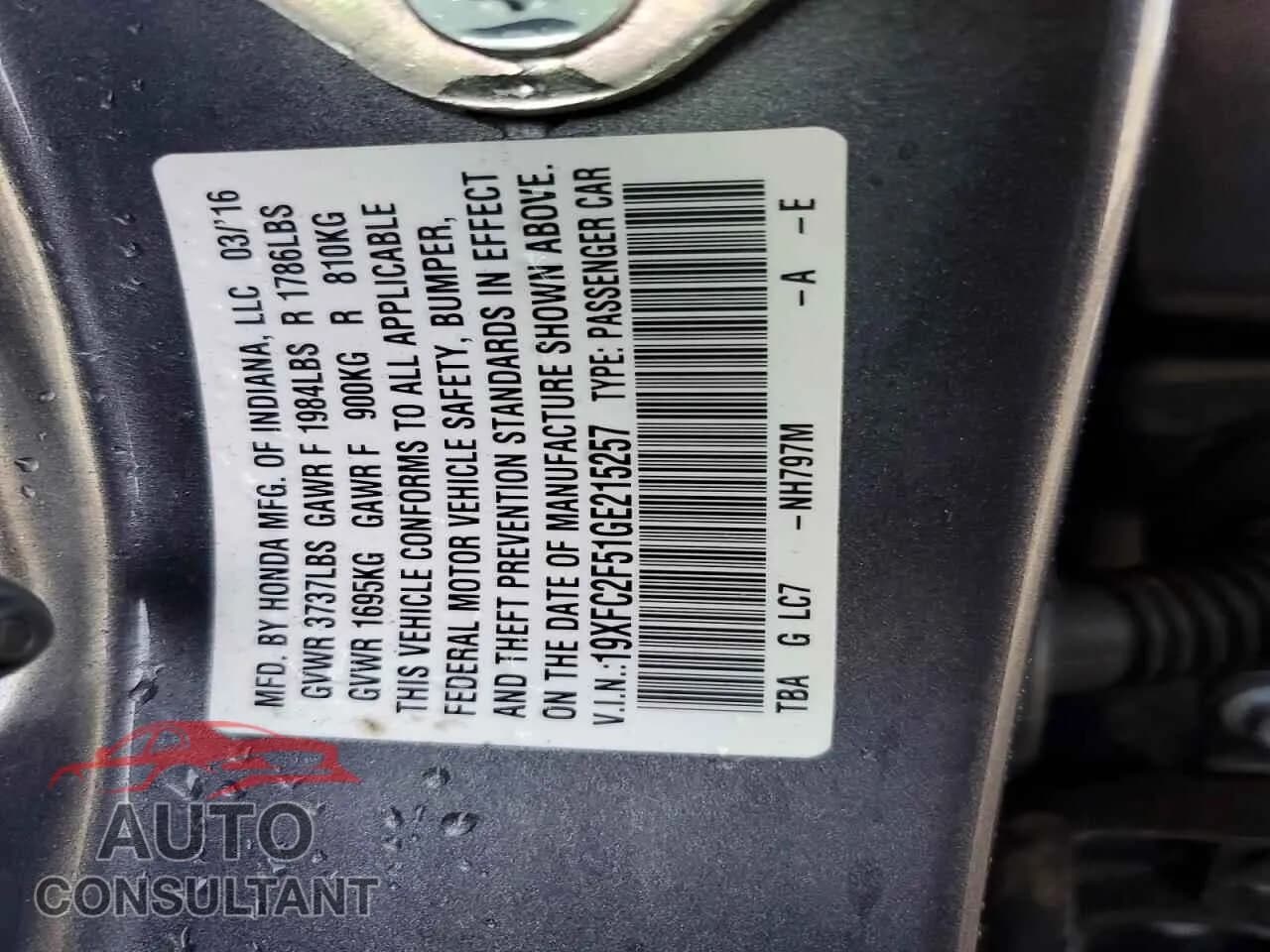 2016 HONDA CIVIC Damaged VIN 19XFC2F51GE215257 – photo 12 2016 HONDA CIVIC Damaged VIN 19XFC2F51GE215257 – photo 12