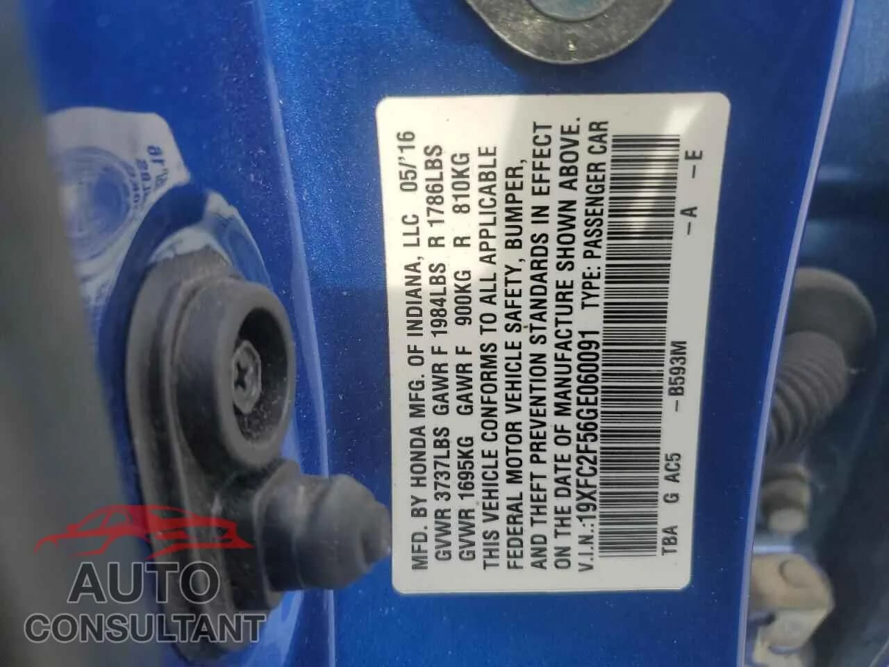 2016 HONDA CIVIC Damaged VIN 19XFC2F56GE060091 – photo 12 2016 HONDA CIVIC Damaged VIN 19XFC2F56GE060091 – photo 12