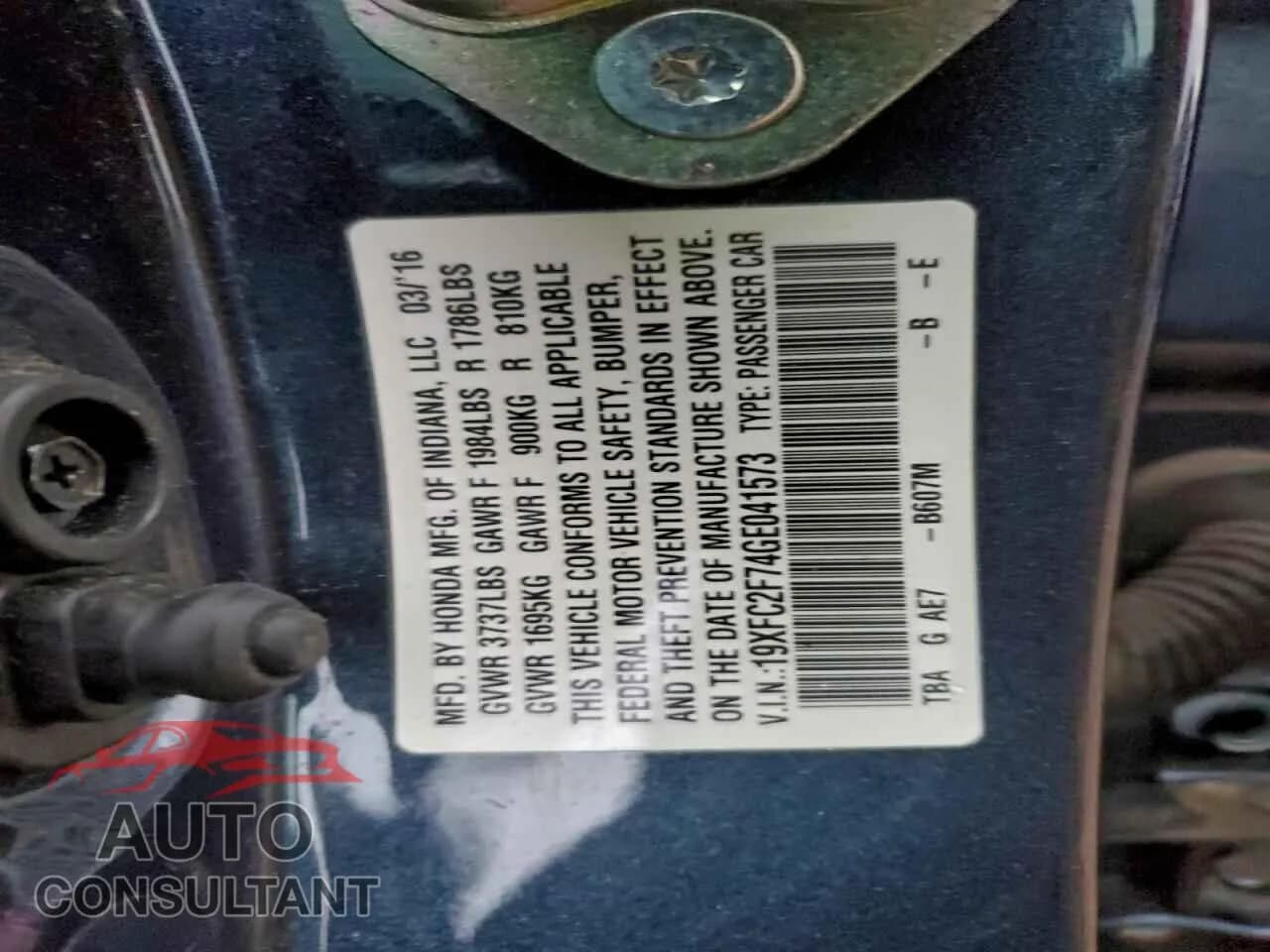 2016 HONDA CIVIC Damaged VIN 19XFC2F74GE041573 – photo 13 2016 HONDA CIVIC Damaged VIN 19XFC2F74GE041573 – photo 13