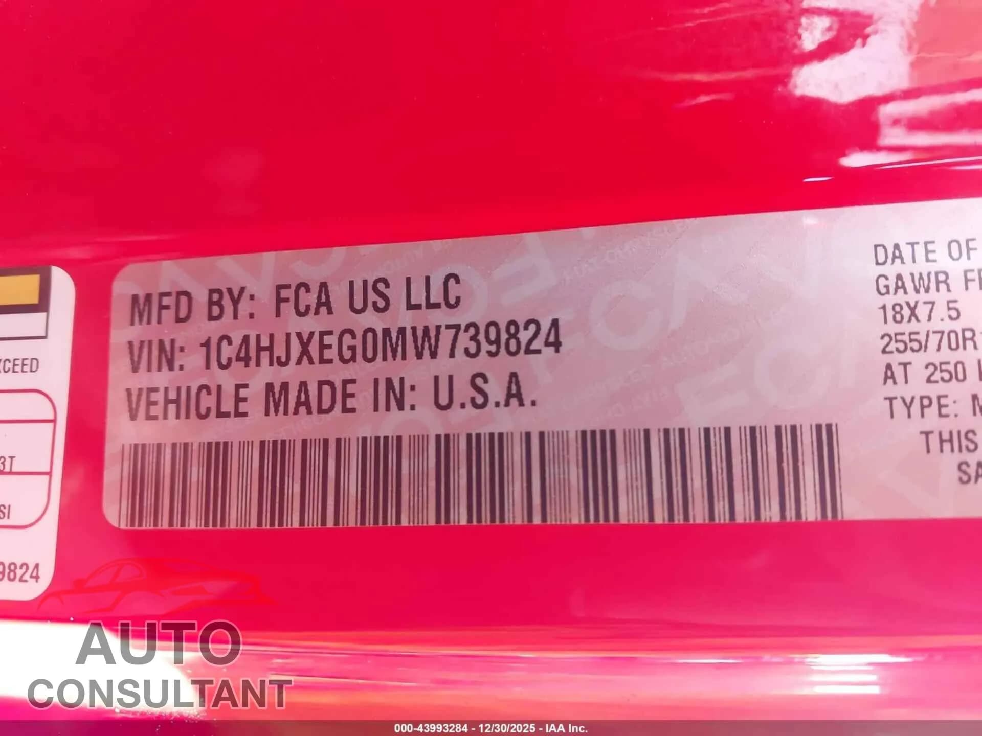 2021 JEEP WRANGLER UNLIMITED Damaged VIN 1C4HJXEG0MW739824 – trunk area 2021 JEEP WRANGLER UNLIMITED Damaged VIN 1C4HJXEG0MW739824 – trunk area