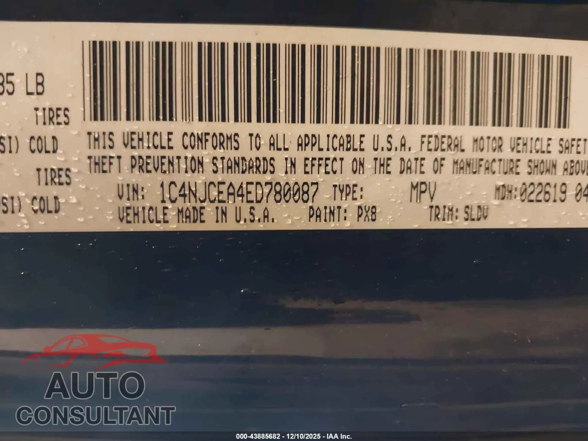 2014 JEEP COMPASS Damaged VIN 1C4NJCEA4ED780087 – trunk area 2014 JEEP COMPASS Damaged VIN 1C4NJCEA4ED780087 – trunk area
