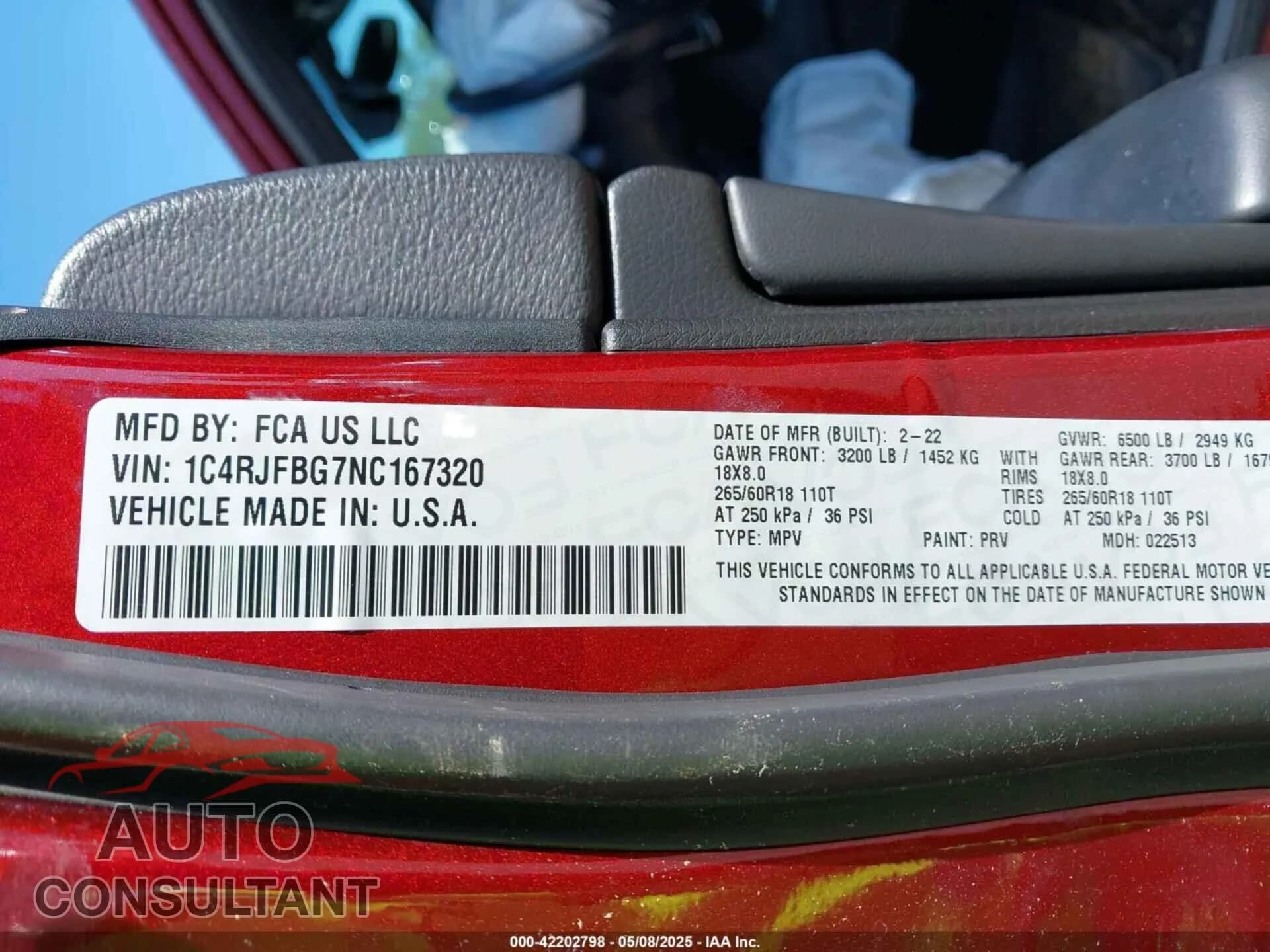 2022 JEEP GRAND CHEROKEE WK Damaged VIN 1C4RJFBG7NC167320 – trunk area 2022 JEEP GRAND CHEROKEE WK Damaged VIN 1C4RJFBG7NC167320 – trunk area