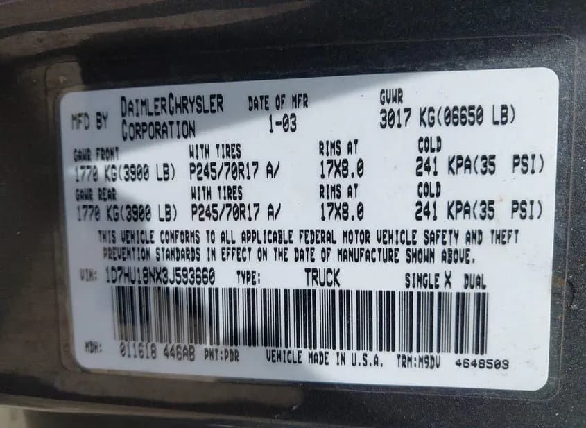 2003 DODGE Ram Used VIN 1D7HU18NX3J593660 – engine bay 2003 DODGE Ram Used VIN 1D7HU18NX3J593660 – engine bay
