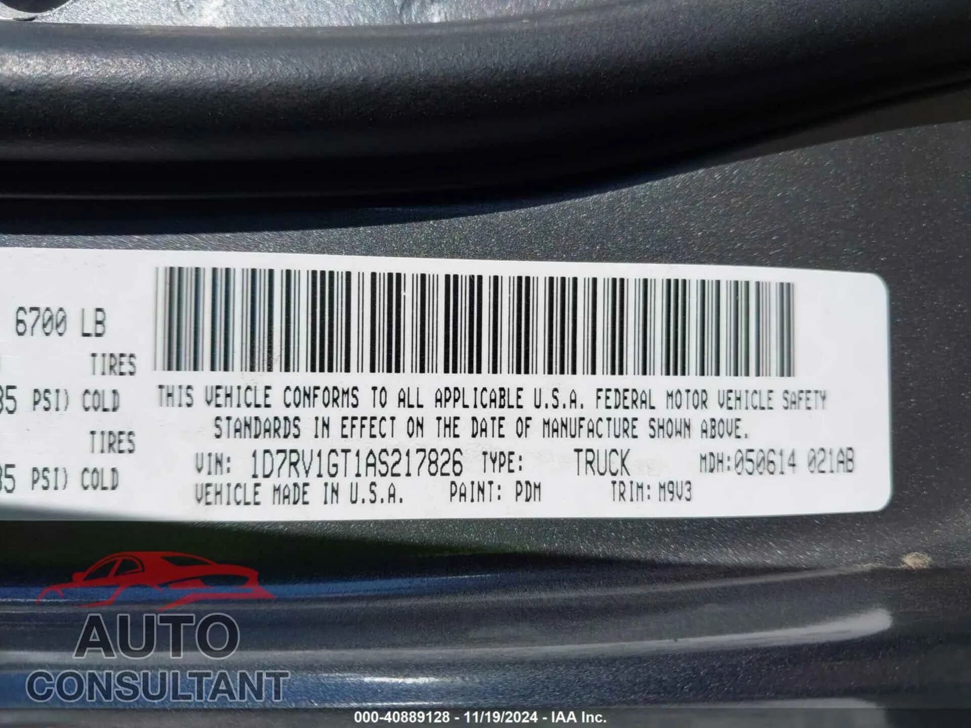 2010 DODGE RAM 1500 Damaged VIN 1D7RV1GT1AS217826 – trunk area 2010 DODGE RAM 1500 Damaged VIN 1D7RV1GT1AS217826 – trunk area