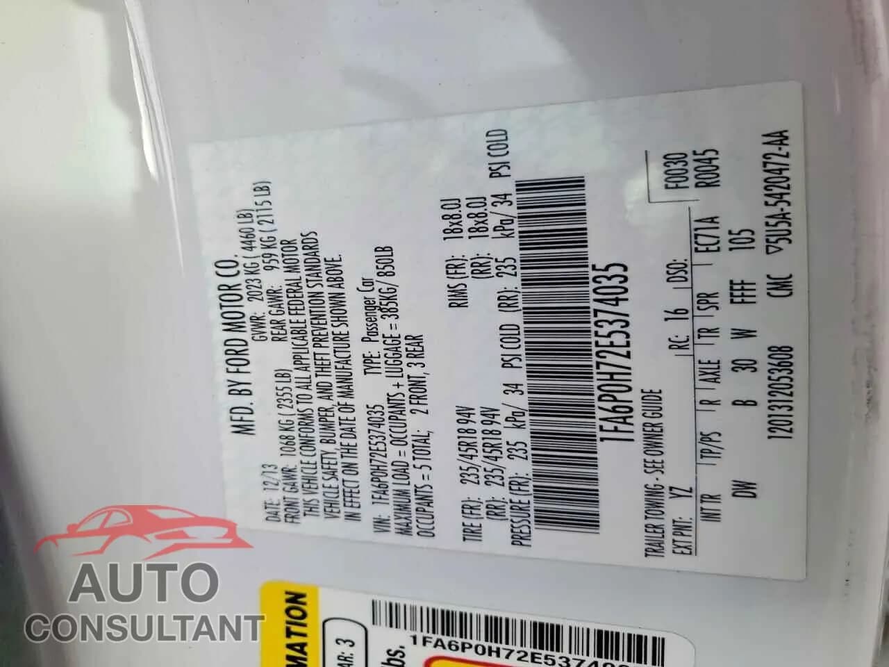 2014 FORD FUSION Damaged VIN 1FA6P0H72E5374035 – photo 12 2014 FORD FUSION Damaged VIN 1FA6P0H72E5374035 – photo 12