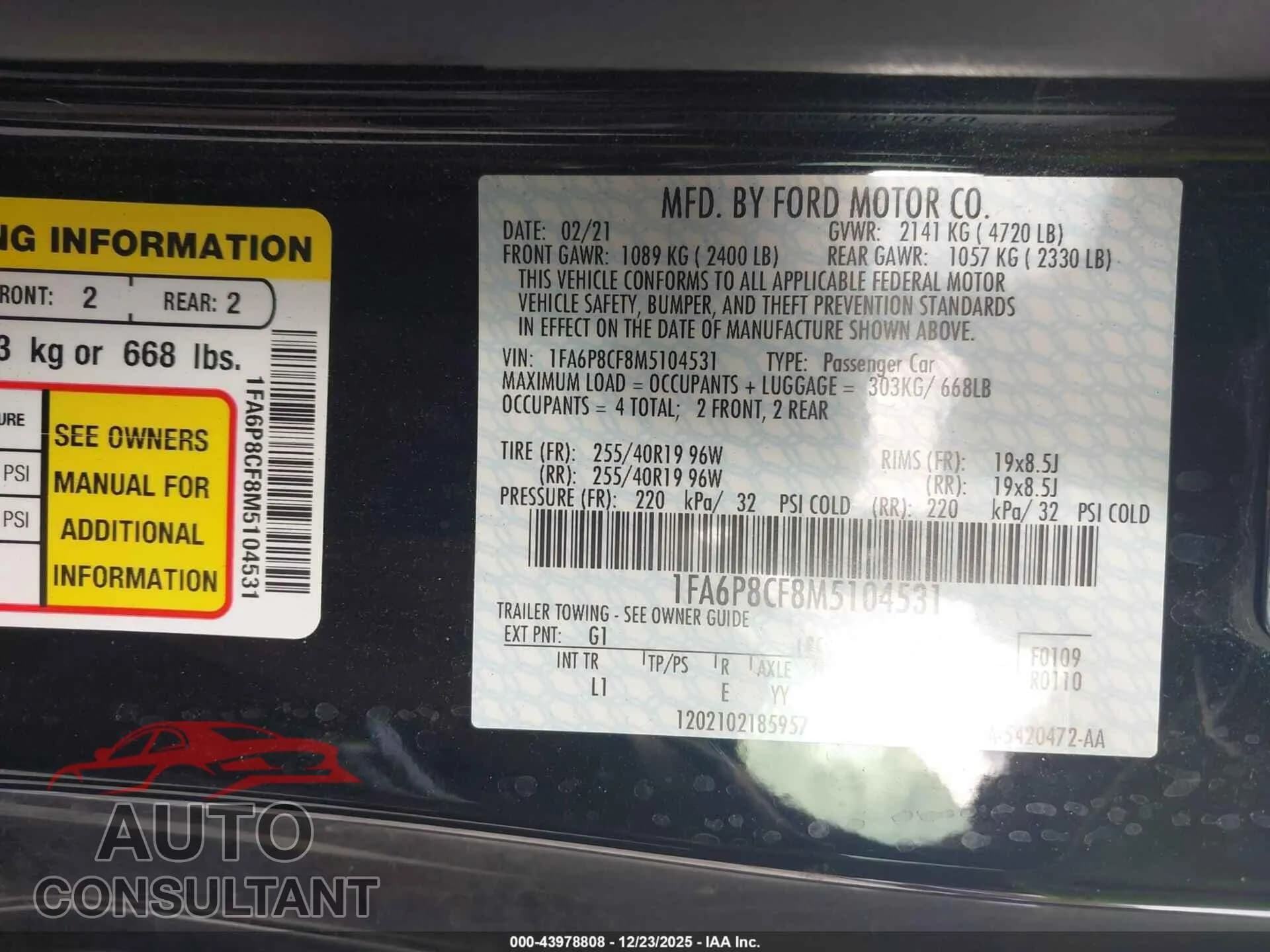 2021 FORD MUSTANG Damaged VIN 1FA6P8CF8M5104531 – trunk area 2021 FORD MUSTANG Damaged VIN 1FA6P8CF8M5104531 – trunk area