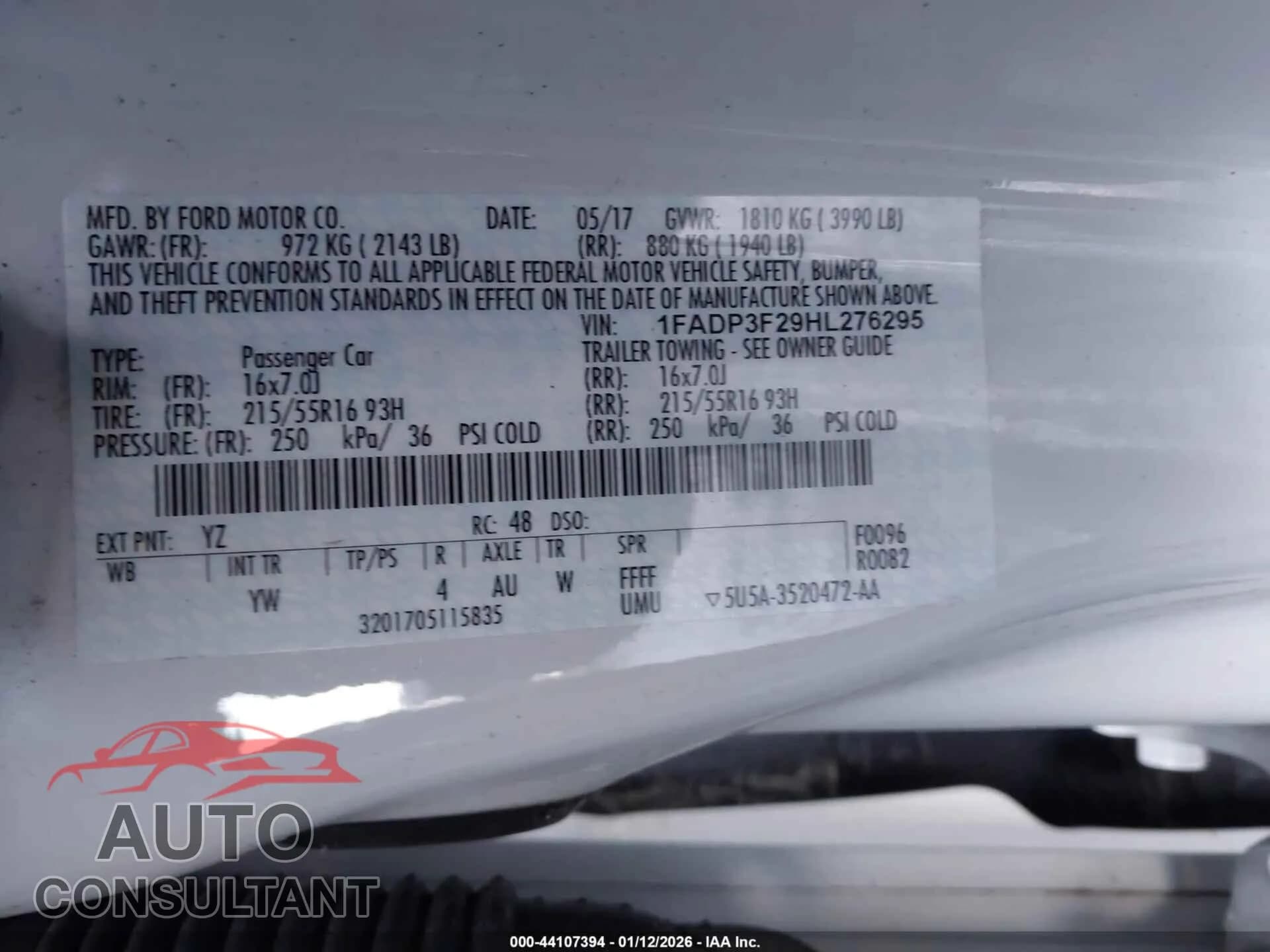 2017 FORD FOCUS Used VIN 1FADP3F29HL276295 – trunk area 2017 FORD FOCUS Used VIN 1FADP3F29HL276295 – trunk area