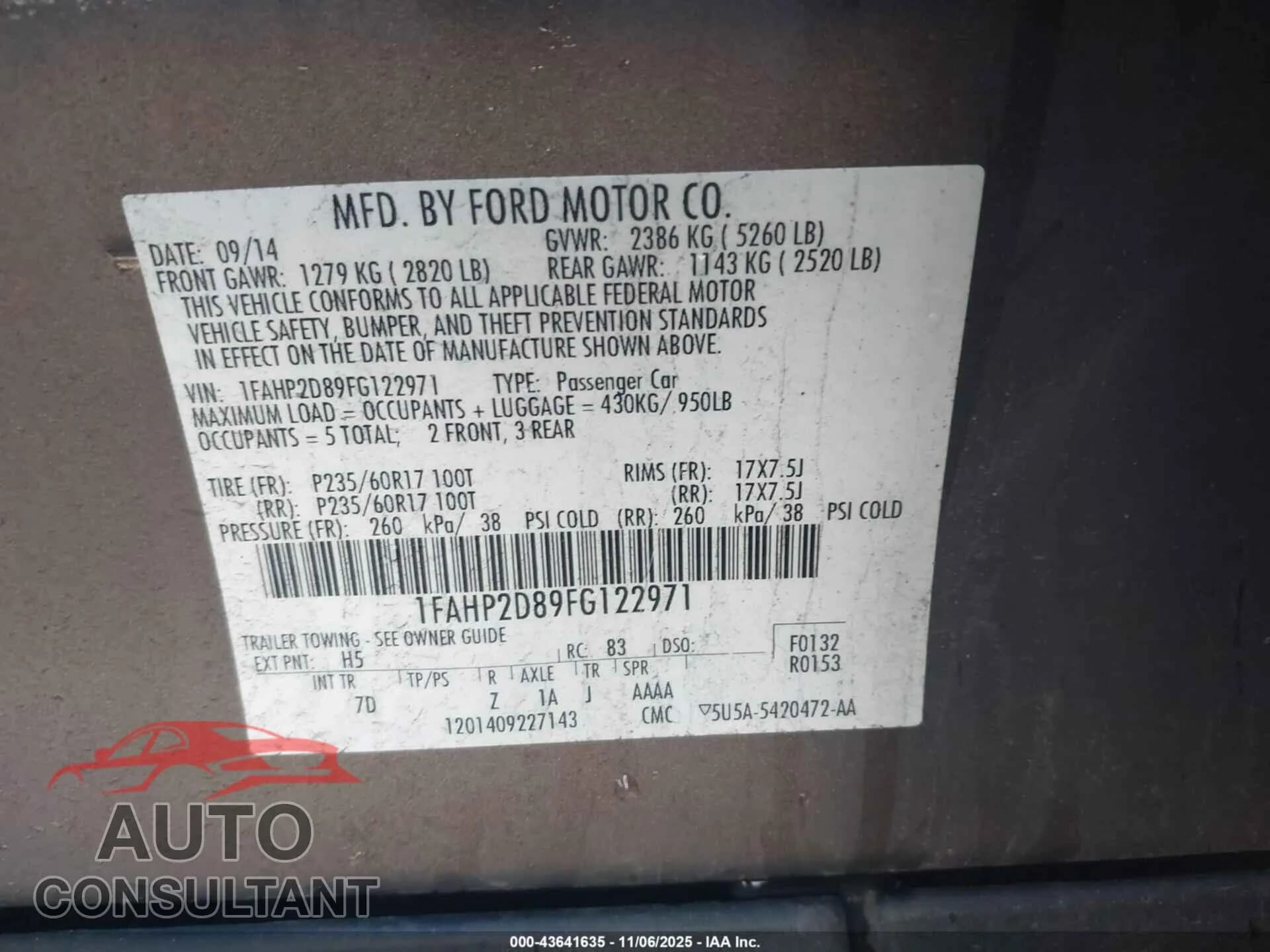 2015 FORD TAURUS Damaged VIN 1FAHP2D89FG122971 – trunk area 2015 FORD TAURUS Damaged VIN 1FAHP2D89FG122971 – trunk area