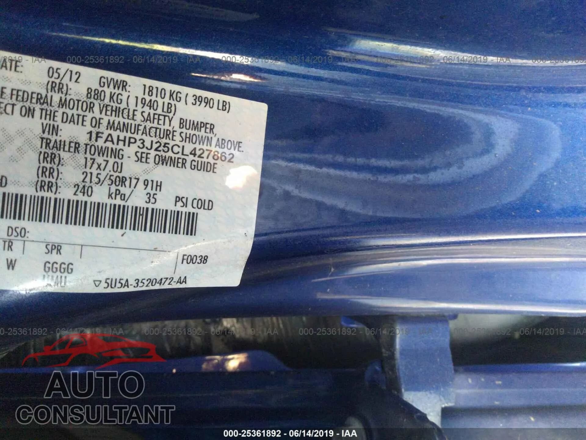2012 FORD FOCUS Damaged VIN 1FAHP3J25CL427862 – trunk area 2012 FORD FOCUS Damaged VIN 1FAHP3J25CL427862 – trunk area