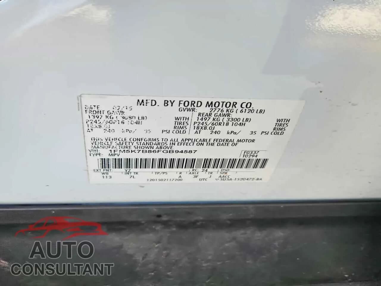 2015 FORD EXPLORER Damaged VIN 1FM5K7B86FGB94587 – photo 14 2015 FORD EXPLORER Damaged VIN 1FM5K7B86FGB94587 – photo 14