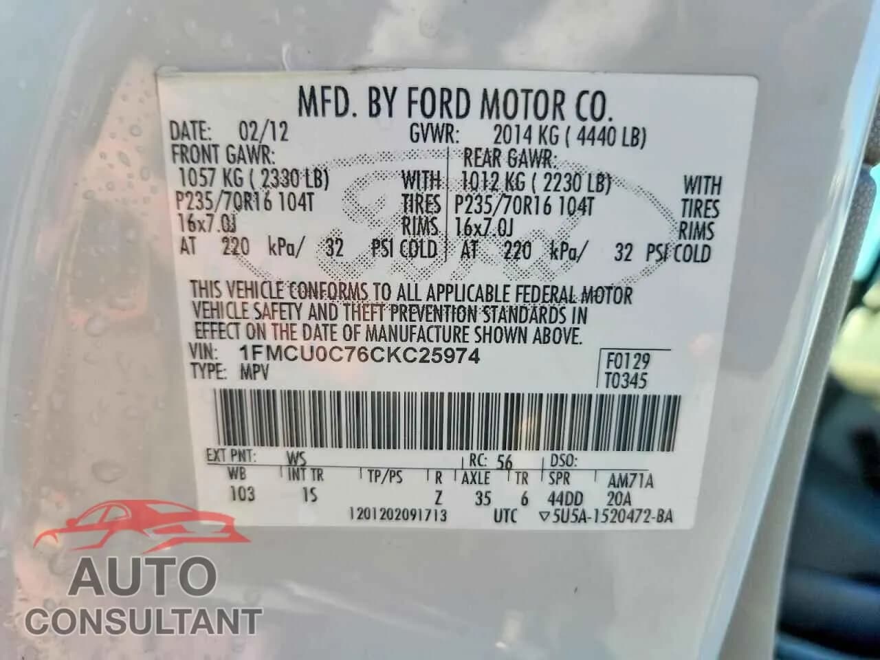 2012 FORD ESCAPE Damaged VIN 1FMCU0C76CKC25974 – photo 13 2012 FORD ESCAPE Damaged VIN 1FMCU0C76CKC25974 – photo 13