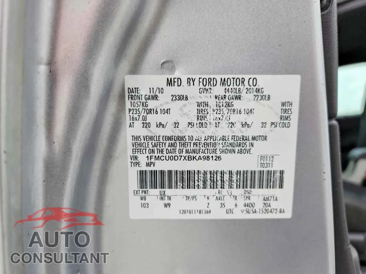 2011 FORD ESCAPE Damaged VIN 1FMCU0D7XBKA98126 – photo 13 2011 FORD ESCAPE Damaged VIN 1FMCU0D7XBKA98126 – photo 13