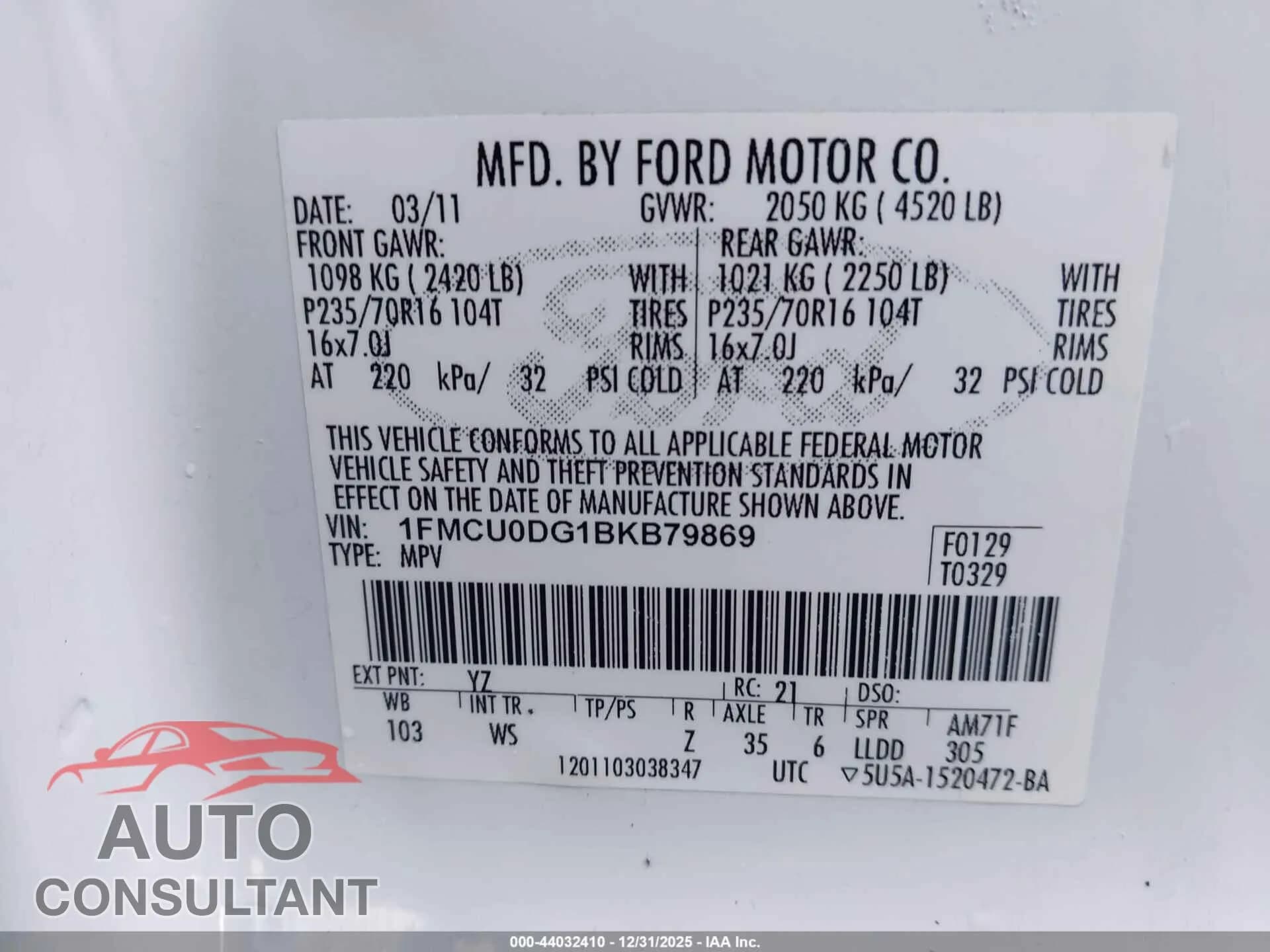2011 FORD ESCAPE Damaged VIN 1FMCU0DG1BKB79869 – trunk area 2011 FORD ESCAPE Damaged VIN 1FMCU0DG1BKB79869 – trunk area