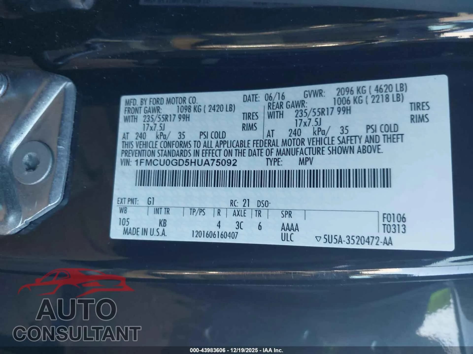 2017 FORD ESCAPE Damaged VIN 1FMCU0GD5HUA75092 – trunk area 2017 FORD ESCAPE Damaged VIN 1FMCU0GD5HUA75092 – trunk area