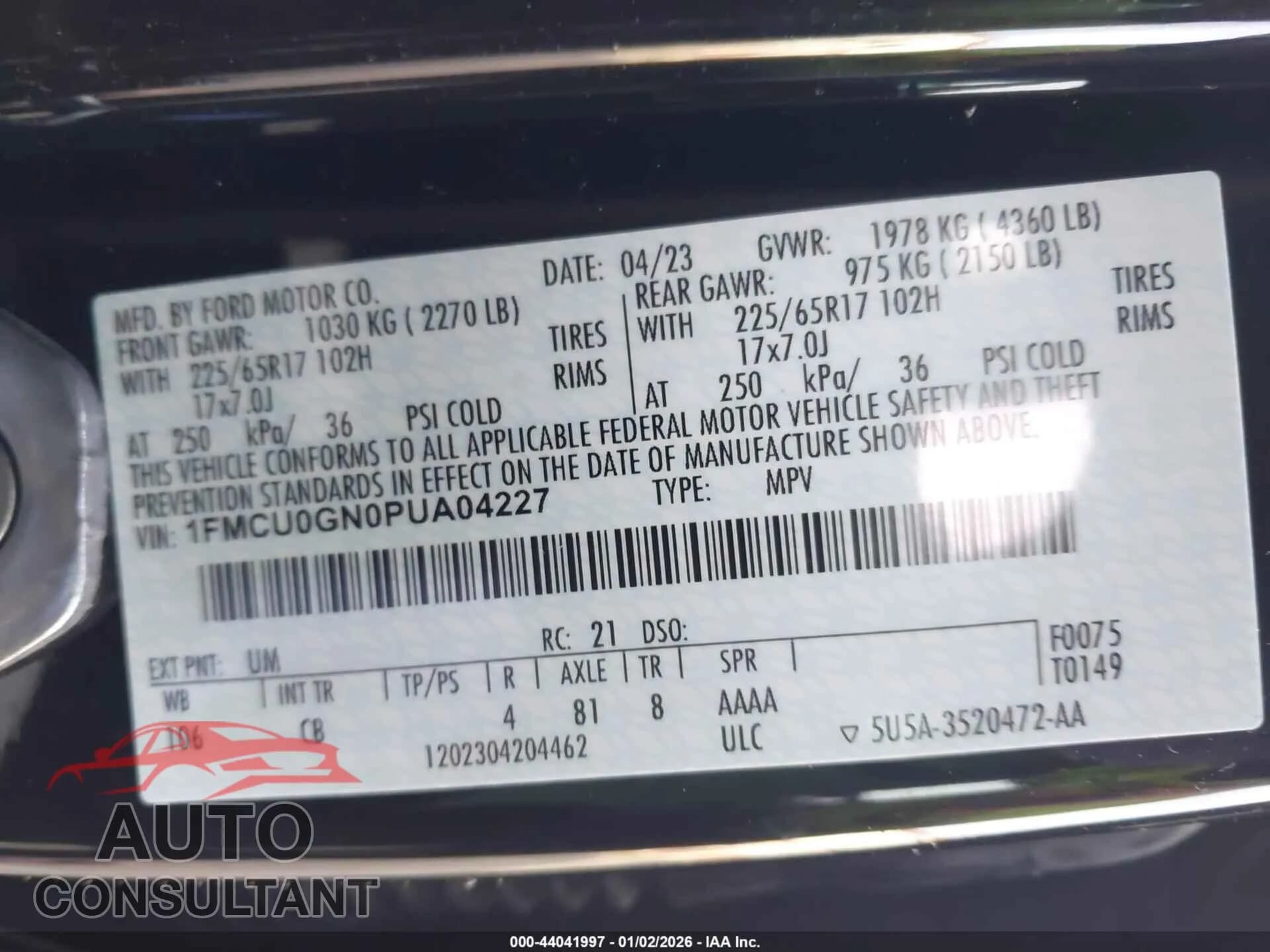 2023 FORD ESCAPE Damaged VIN 1FMCU0GN0PUA04227 – trunk area 2023 FORD ESCAPE Damaged VIN 1FMCU0GN0PUA04227 – trunk area