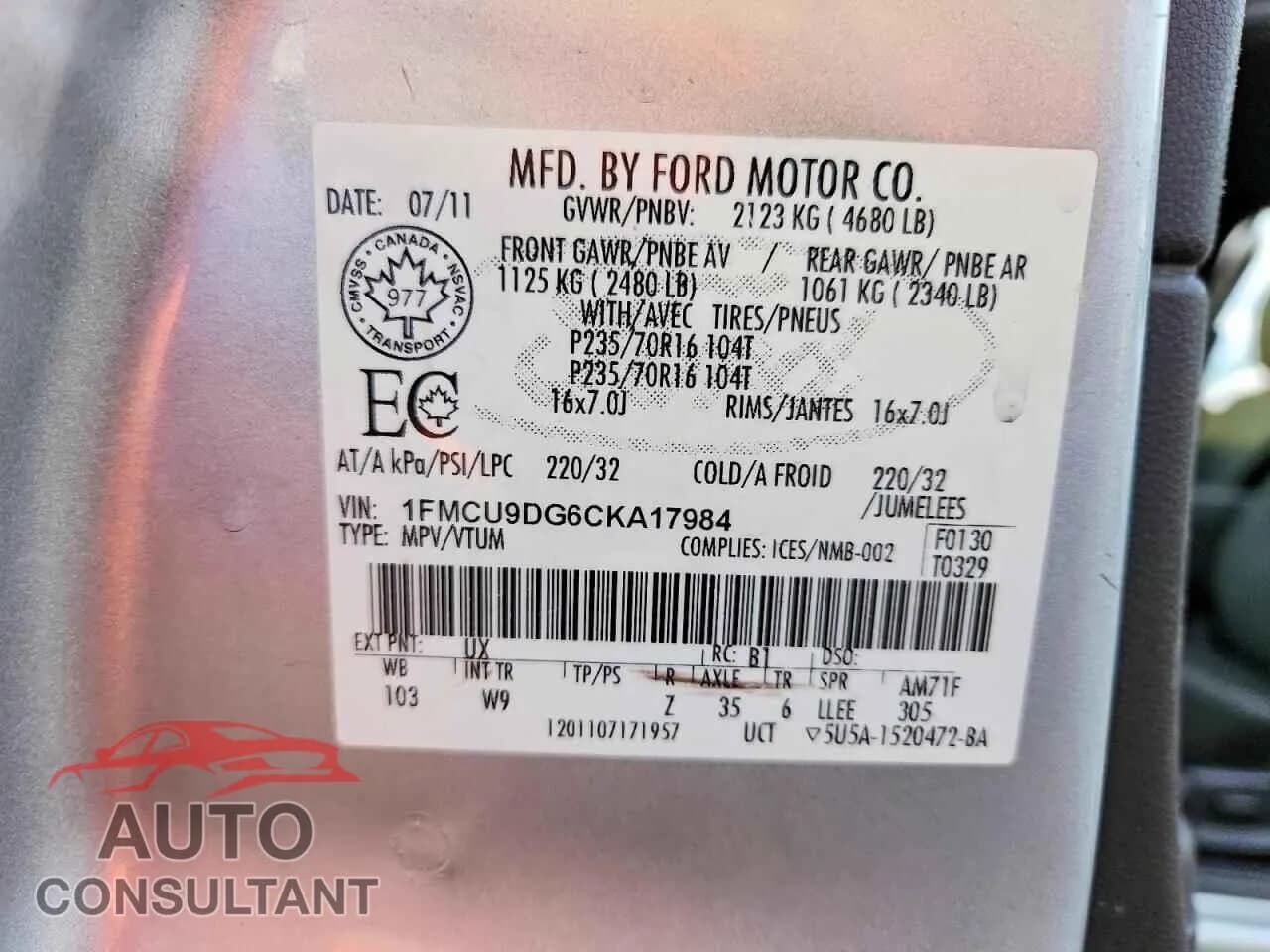 2012 FORD ESCAPE Damaged VIN 1FMCU9DG6CKA17984 – photo 13 2012 FORD ESCAPE Damaged VIN 1FMCU9DG6CKA17984 – photo 13