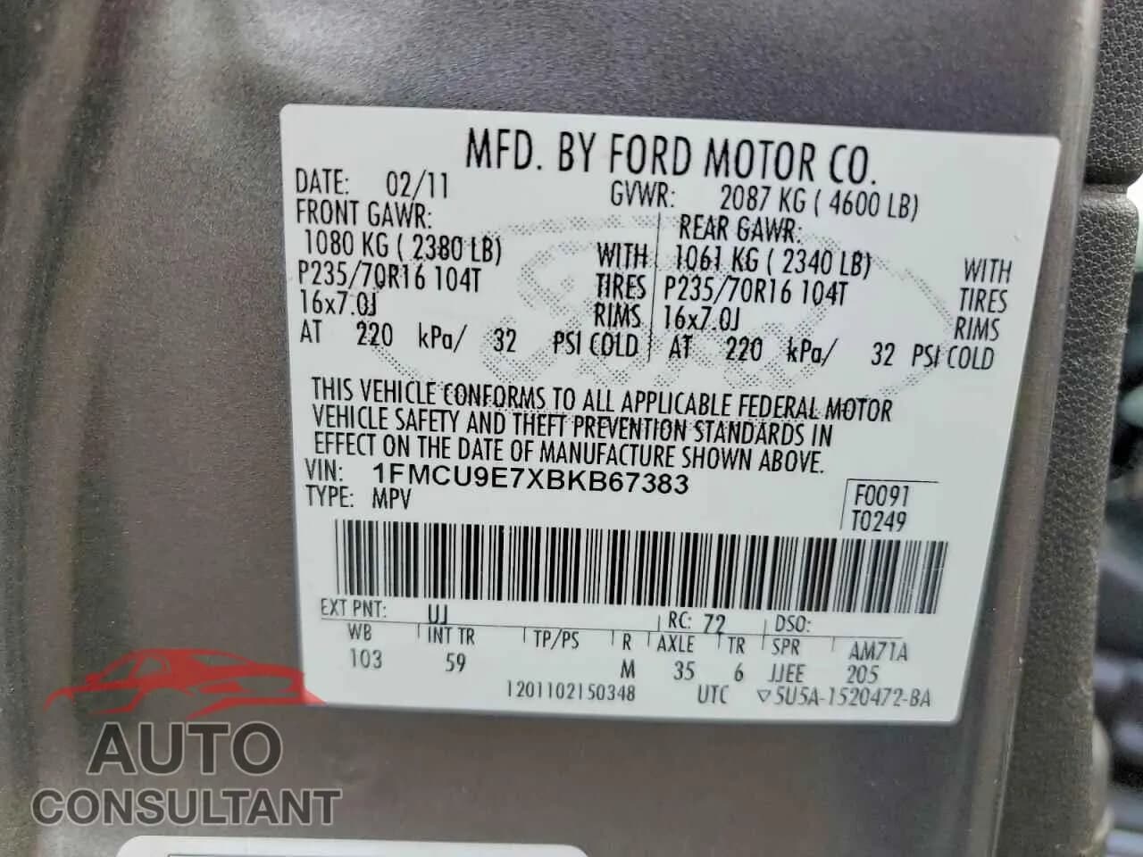 2011 FORD ESCAPE Damaged VIN 1FMCU9E7XBKB67383 – photo 13 2011 FORD ESCAPE Damaged VIN 1FMCU9E7XBKB67383 – photo 13