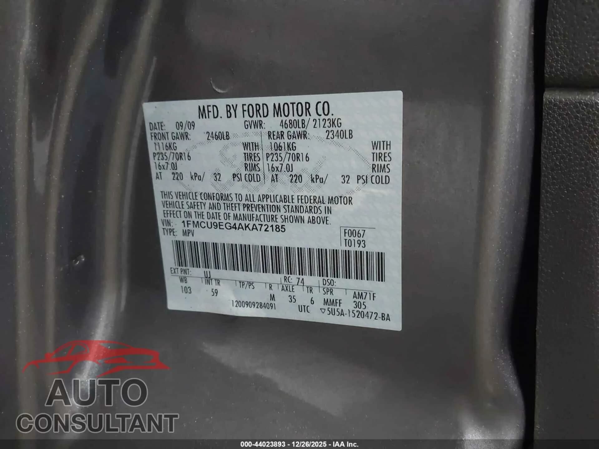 2010 FORD ESCAPE Damaged VIN 1FMCU9EG4AKA72185 – trunk area 2010 FORD ESCAPE Damaged VIN 1FMCU9EG4AKA72185 – trunk area