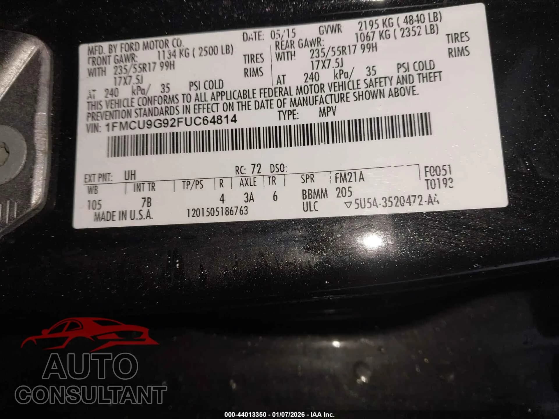 2015 FORD ESCAPE Damaged VIN 1FMCU9G92FUC64814 – trunk area 2015 FORD ESCAPE Damaged VIN 1FMCU9G92FUC64814 – trunk area