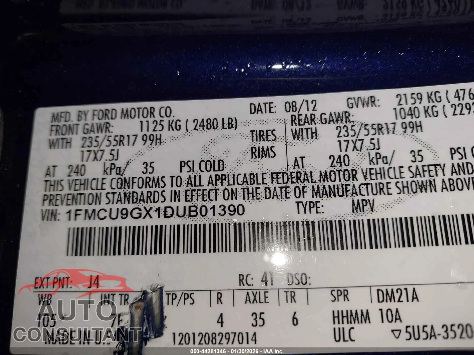 2013 FORD ESCAPE Used VIN 1FMCU9GX1DUB01390 – trunk area 2013 FORD ESCAPE Used VIN 1FMCU9GX1DUB01390 – trunk area