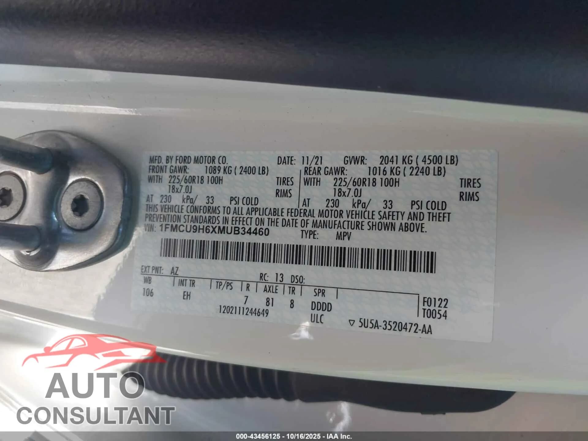 2021 FORD ESCAPE Damaged VIN 1FMCU9H6XMUB34460 – trunk area 2021 FORD ESCAPE Damaged VIN 1FMCU9H6XMUB34460 – trunk area
