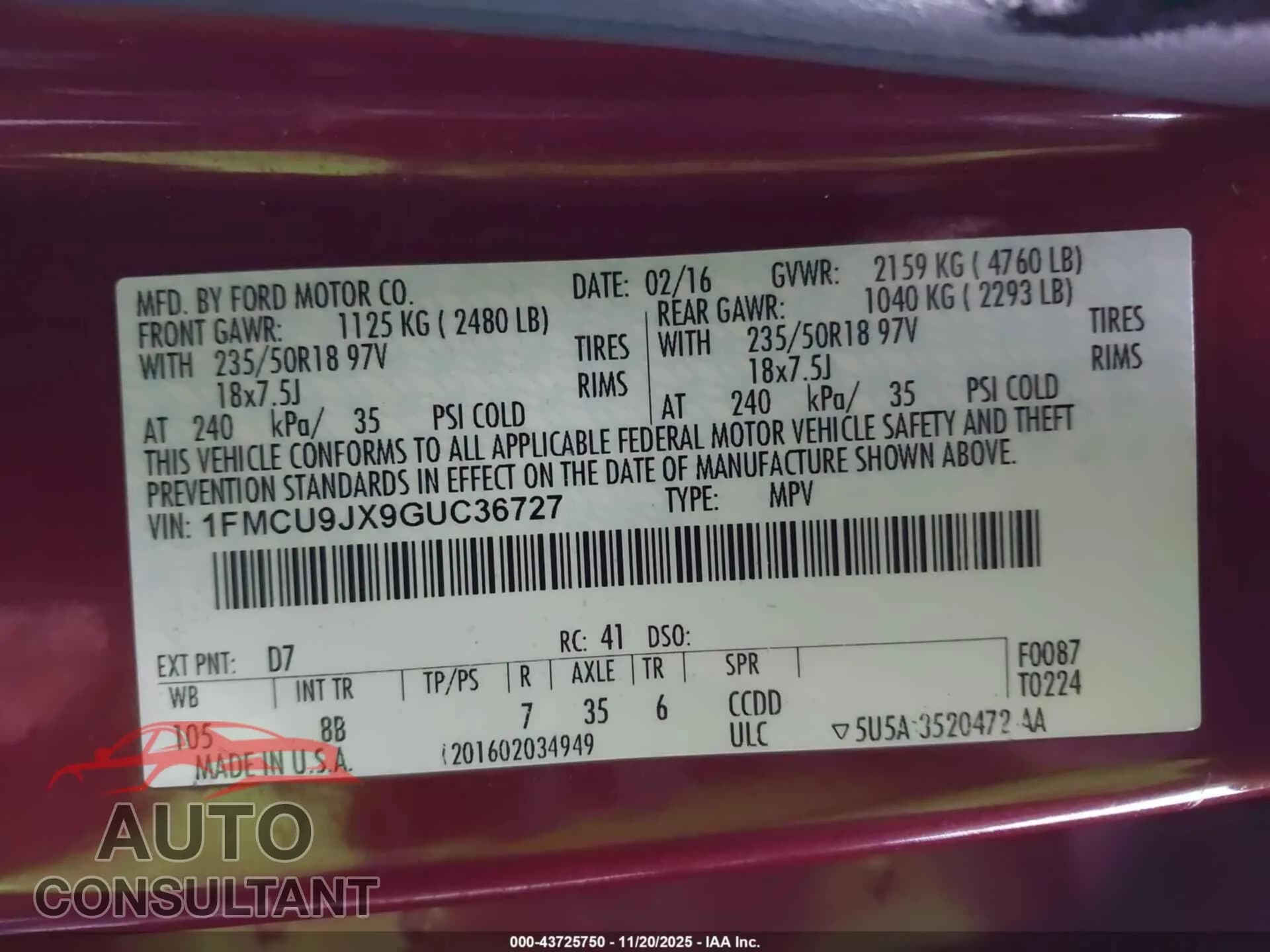 2016 FORD ESCAPE Damaged VIN 1FMCU9JX9GUC36727 – trunk area 2016 FORD ESCAPE Damaged VIN 1FMCU9JX9GUC36727 – trunk area