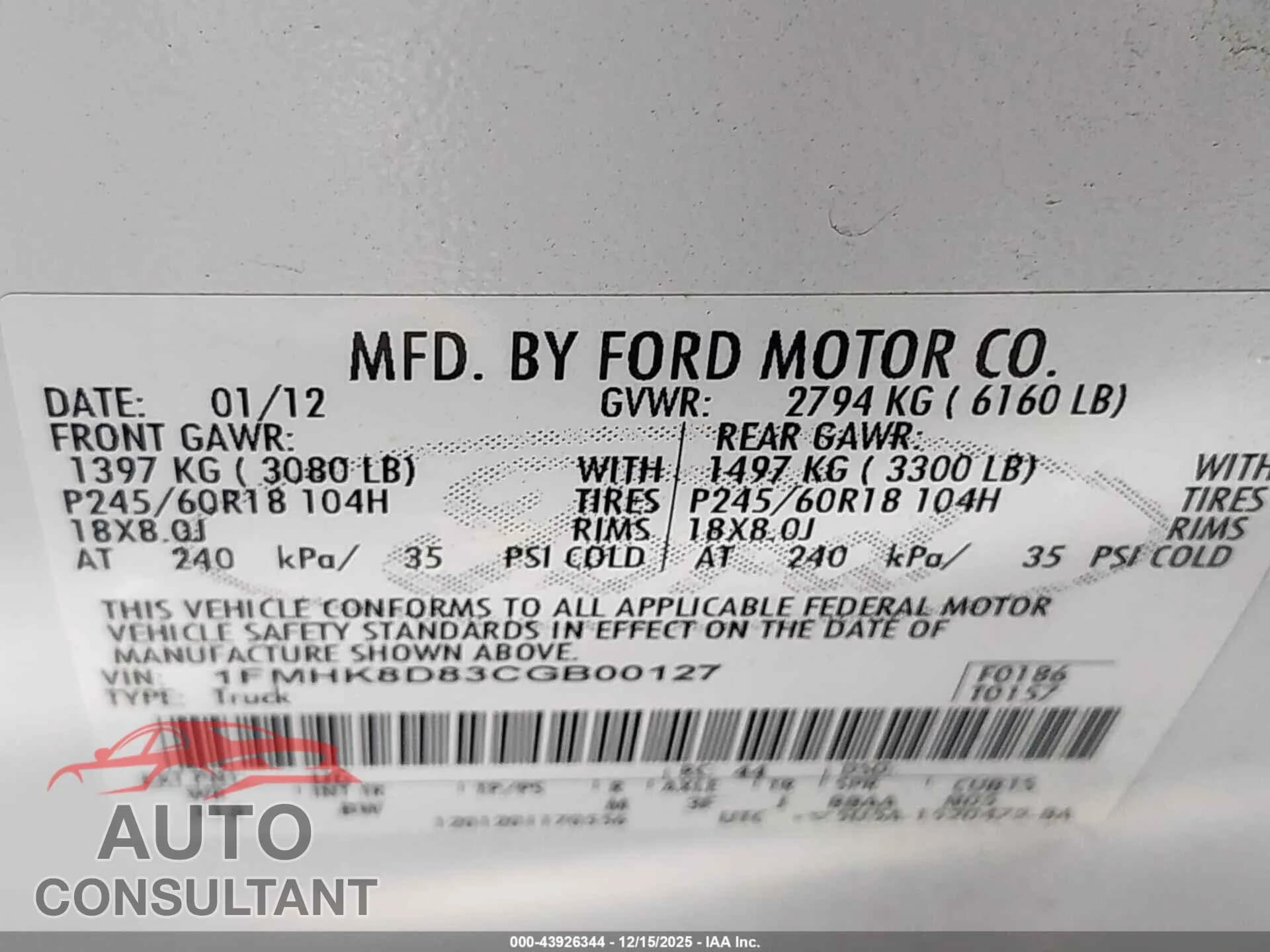 2012 FORD EXPLORER Damaged VIN 1FMHK8D83CGB00127 – trunk area 2012 FORD EXPLORER Damaged VIN 1FMHK8D83CGB00127 – trunk area