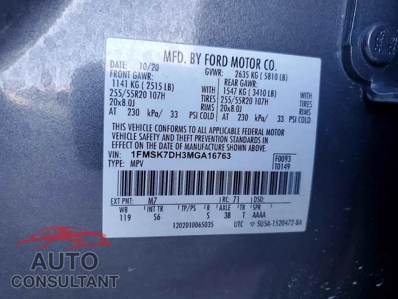 2021 FORD EXPLORER Damaged VIN 1FMSK7DH3MGA16763 – photo 14 2021 FORD EXPLORER Damaged VIN 1FMSK7DH3MGA16763 – photo 14