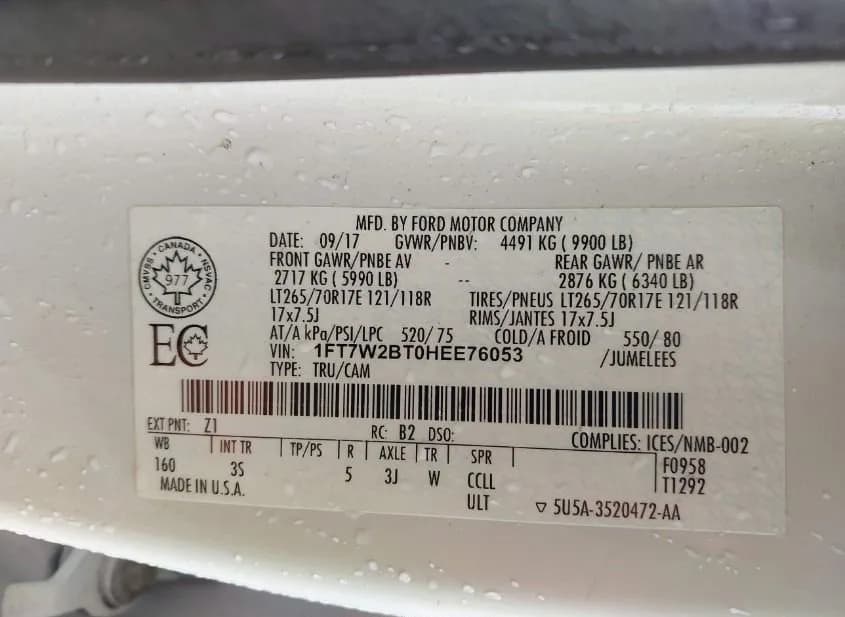 2017 FORD F-250 Used VIN 1FT7W2BT0HEE76053 – odometer reading 2017 FORD F-250 Used VIN 1FT7W2BT0HEE76053 – odometer reading
