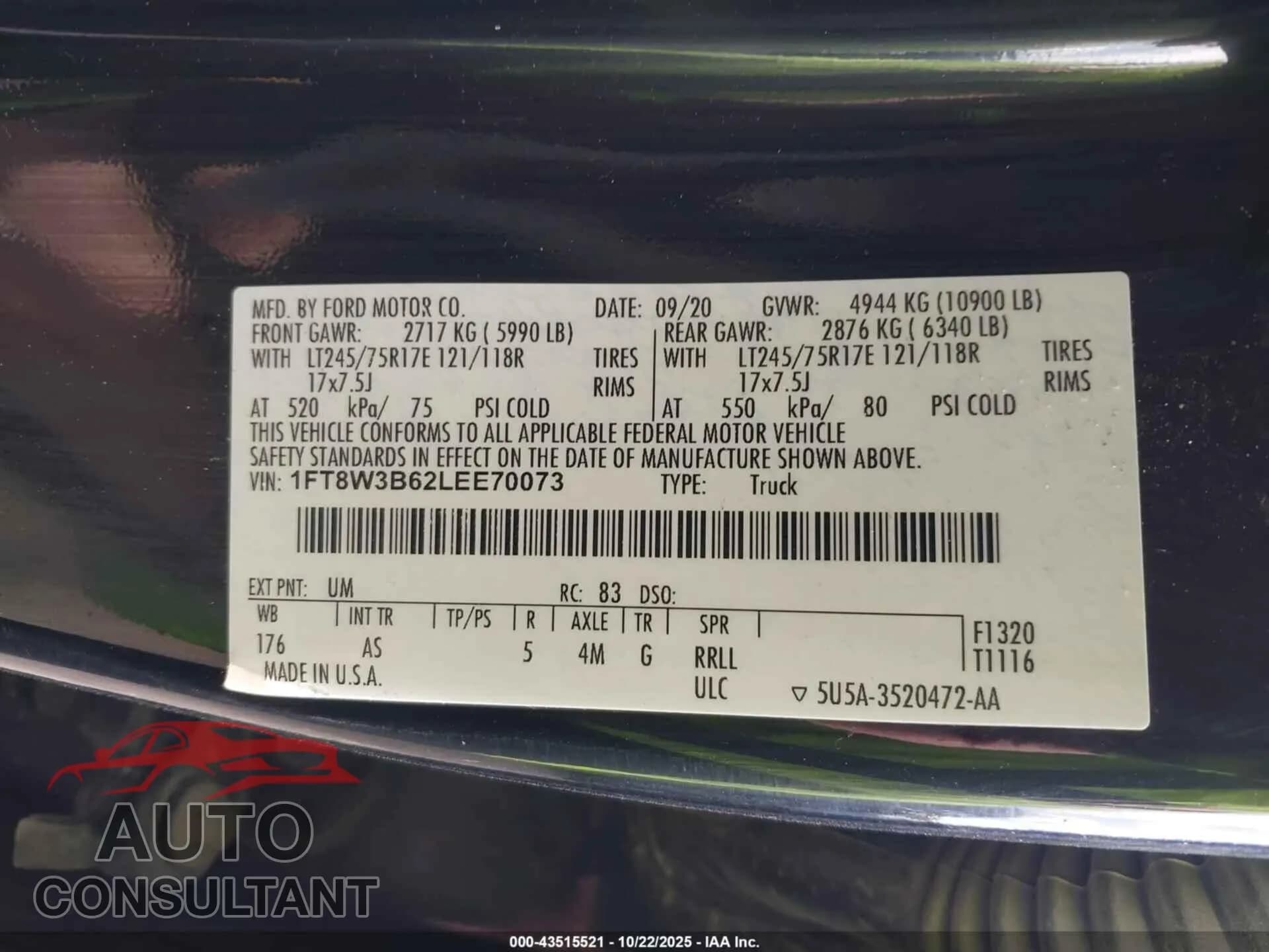 2020 FORD F-350 Damaged VIN 1FT8W3B62LEE70073 – undercarriage 2020 FORD F-350 Damaged VIN 1FT8W3B62LEE70073 – undercarriage
