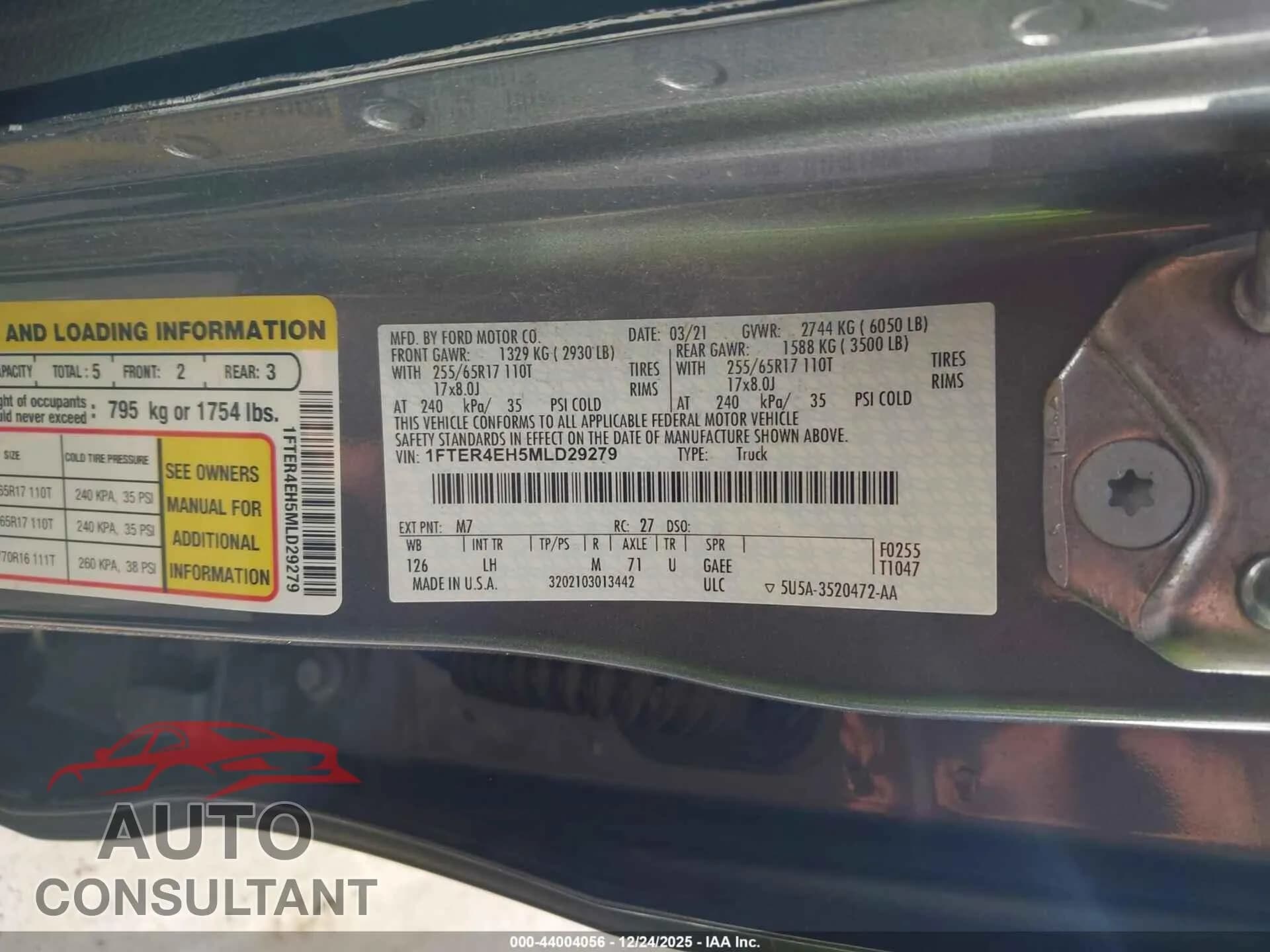 2021 FORD RANGER Damaged VIN 1FTER4EH5MLD29279 – trunk area 2021 FORD RANGER Damaged VIN 1FTER4EH5MLD29279 – trunk area