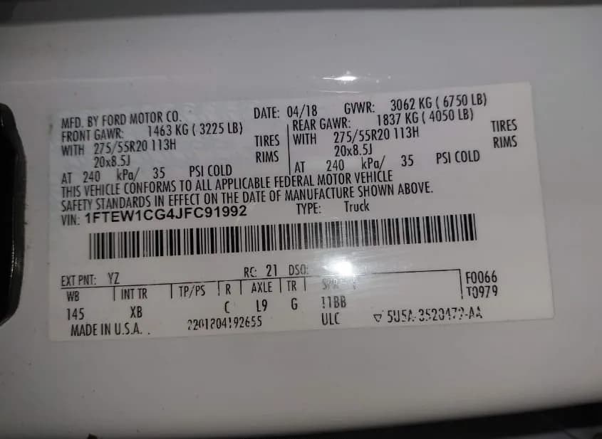 2018 FORD F-150 Used VIN 1FTEW1CG4JFC91992 – exterior detail 2018 FORD F-150 Used VIN 1FTEW1CG4JFC91992 – exterior detail
