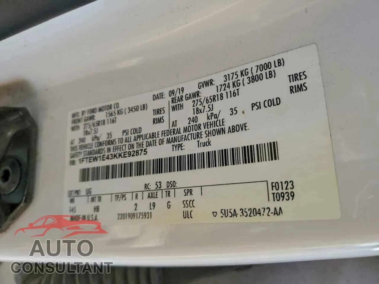 2019 FORD F-150 Damaged VIN 1FTEW1E43KKE92875 – photo 12 2019 FORD F-150 Damaged VIN 1FTEW1E43KKE92875 – photo 12