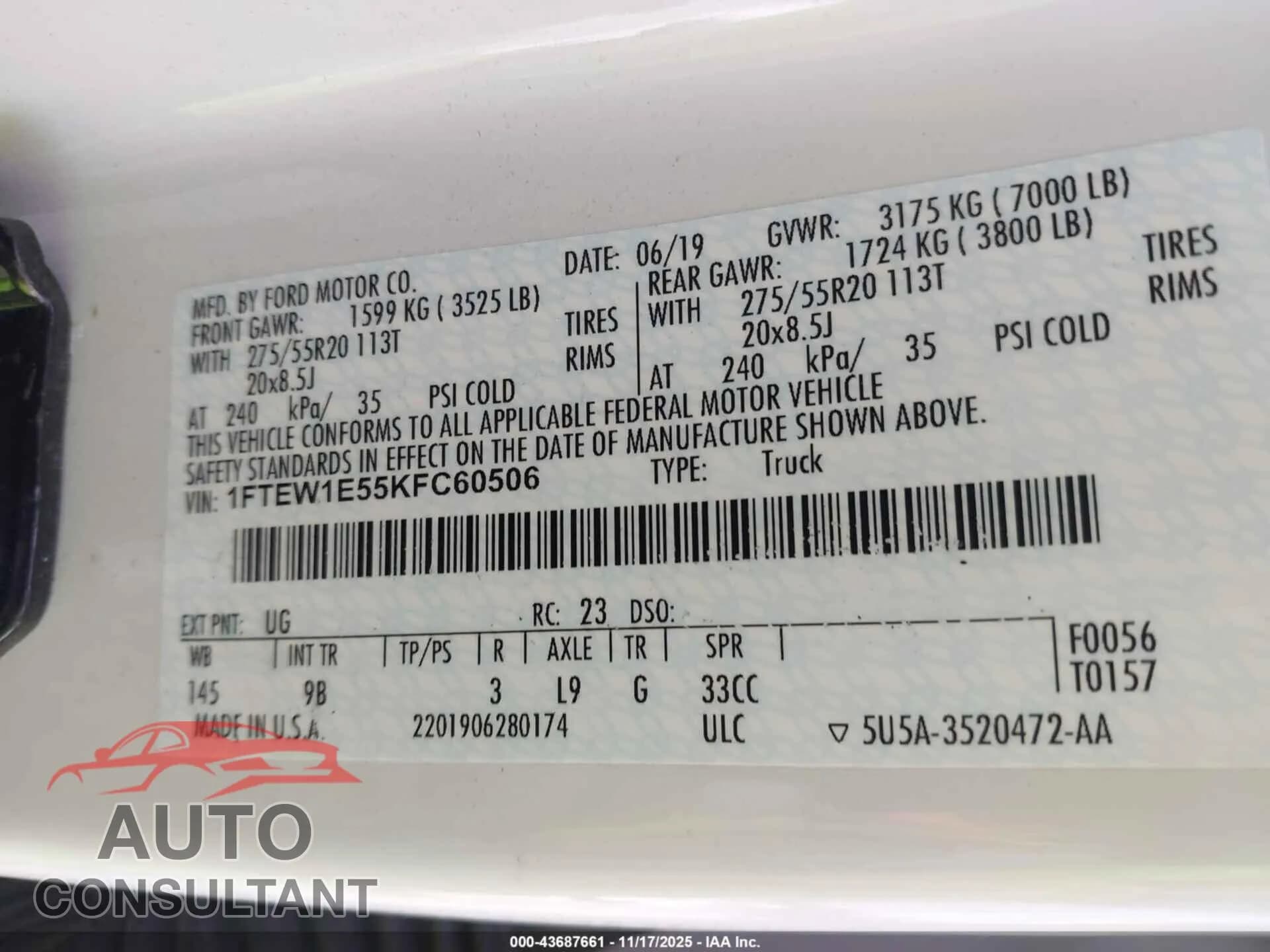 2019 FORD F-150 Damaged VIN 1FTEW1E55KFC60506 – trunk area 2019 FORD F-150 Damaged VIN 1FTEW1E55KFC60506 – trunk area