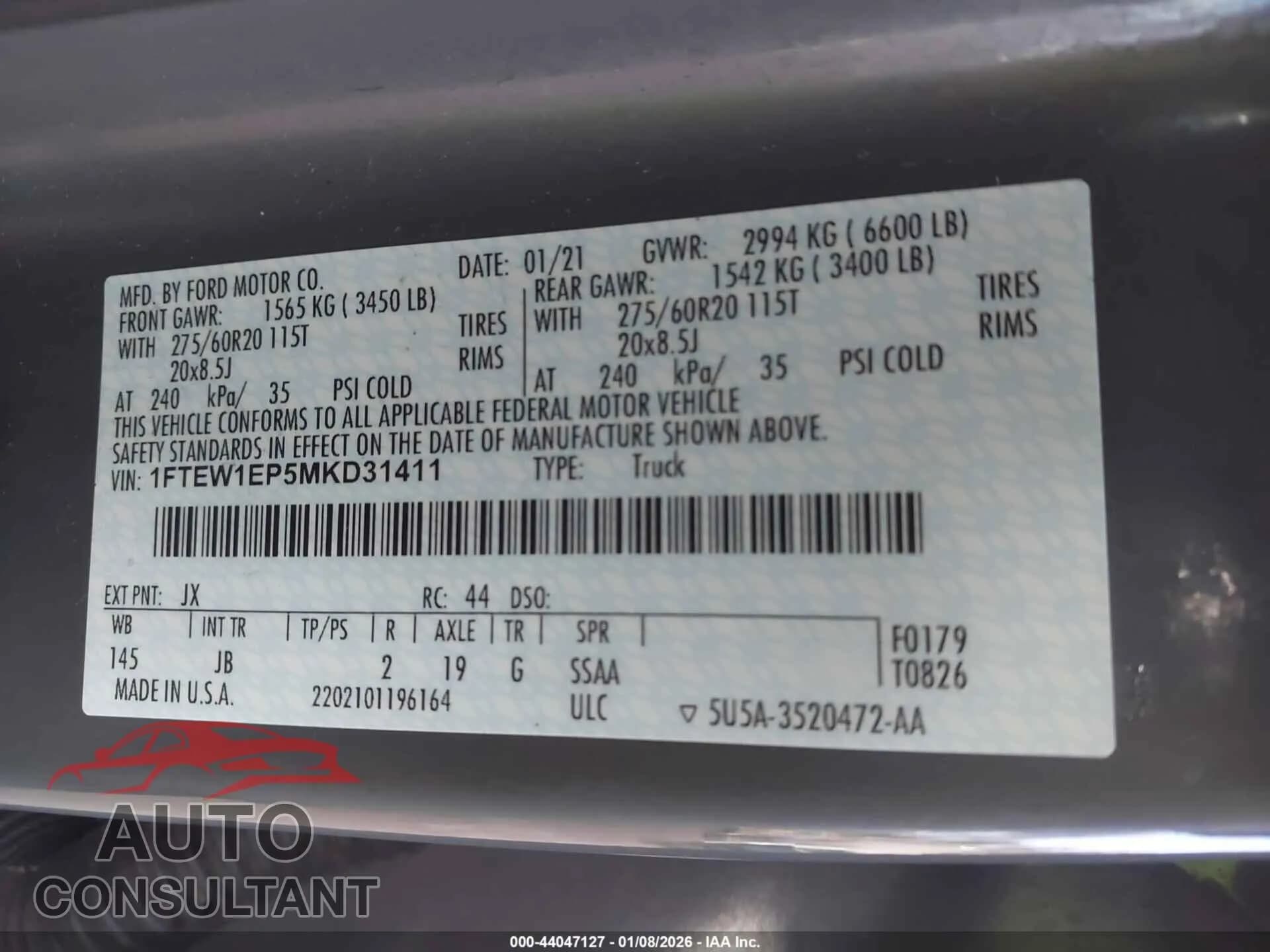 2021 FORD F-150 Damaged VIN 1FTEW1EP5MKD31411 – trunk area 2021 FORD F-150 Damaged VIN 1FTEW1EP5MKD31411 – trunk area