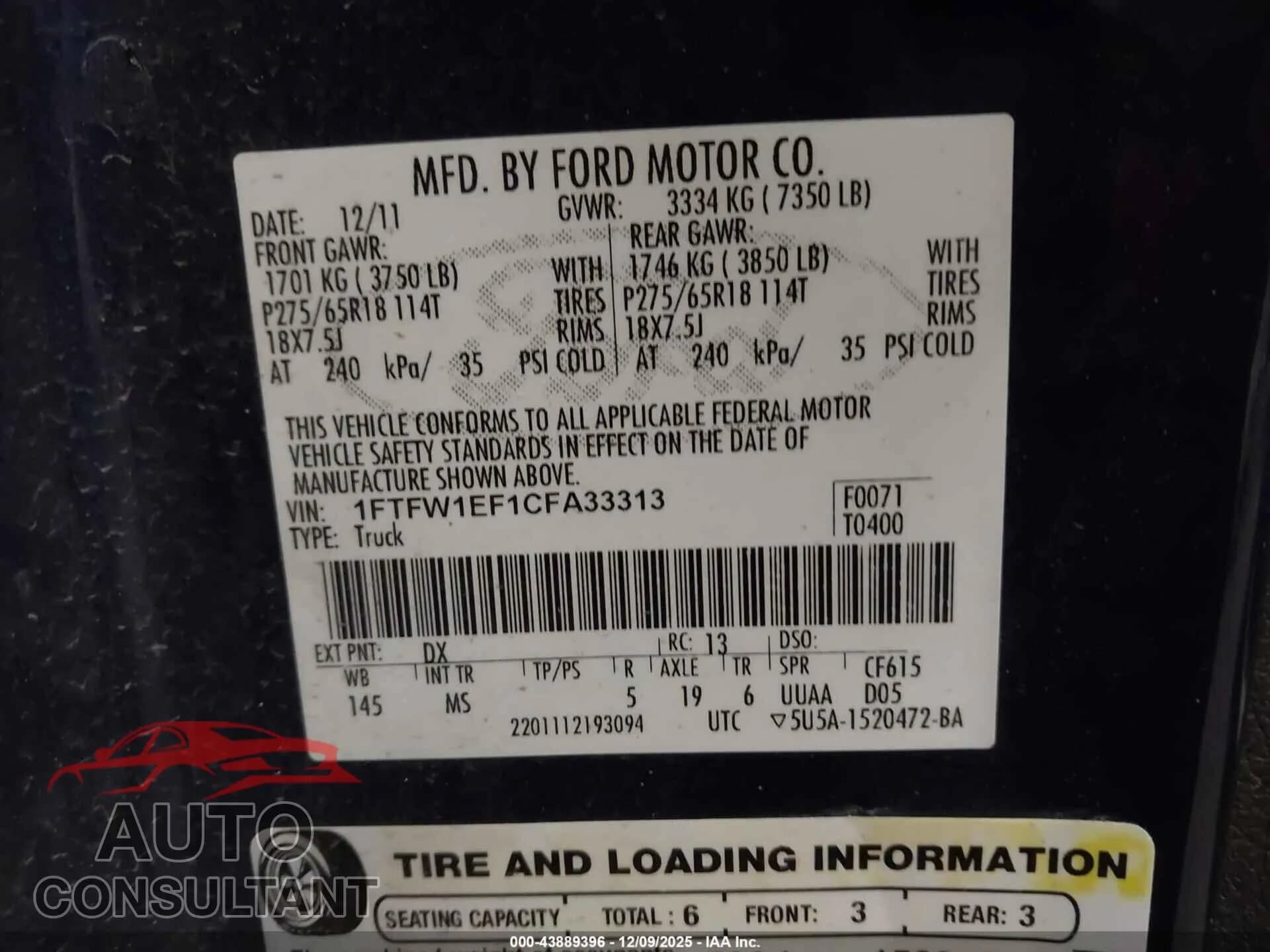 2012 FORD F-150 Damaged VIN 1FTFW1EF1CFA33313 – trunk area 2012 FORD F-150 Damaged VIN 1FTFW1EF1CFA33313 – trunk area