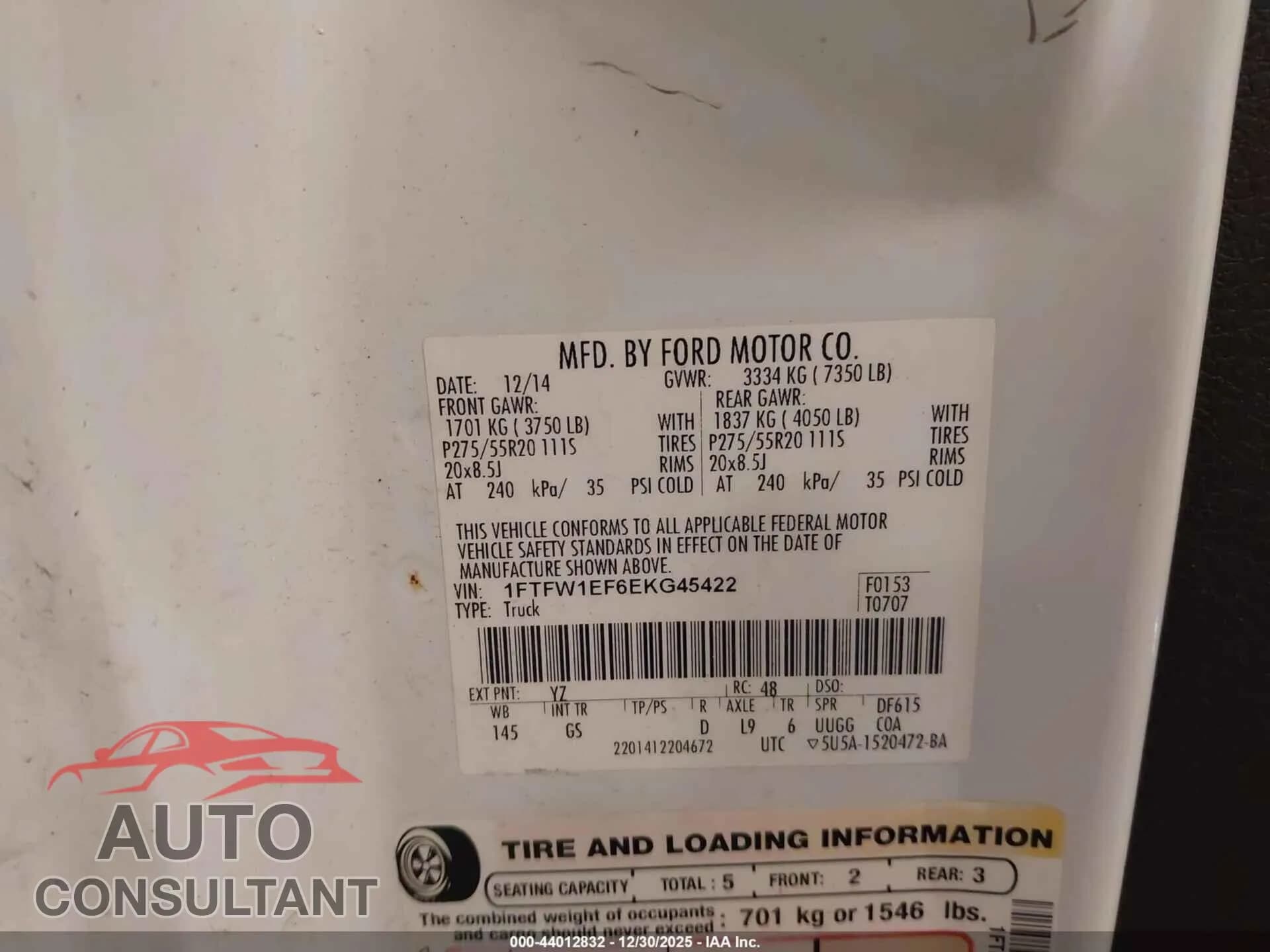 2014 FORD F-150 Damaged VIN 1FTFW1EF6EKG45422 – trunk area 2014 FORD F-150 Damaged VIN 1FTFW1EF6EKG45422 – trunk area