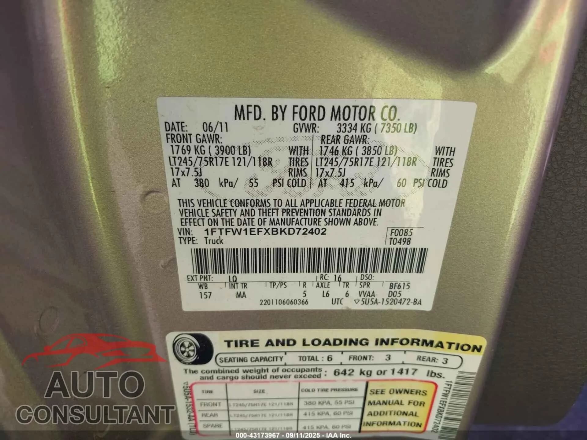 2011 FORD F-150 Damaged VIN 1FTFW1EFXBKD72402 – trunk area 2011 FORD F-150 Damaged VIN 1FTFW1EFXBKD72402 – trunk area