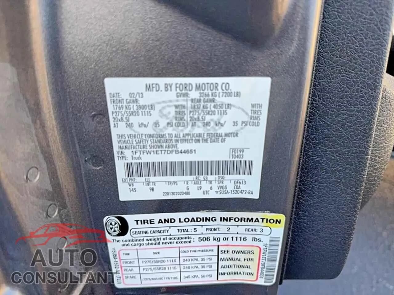 2013 FORD F-150 Damaged VIN 1FTFW1ET7DFB44651 – odometer reading 2013 FORD F-150 Damaged VIN 1FTFW1ET7DFB44651 – odometer reading