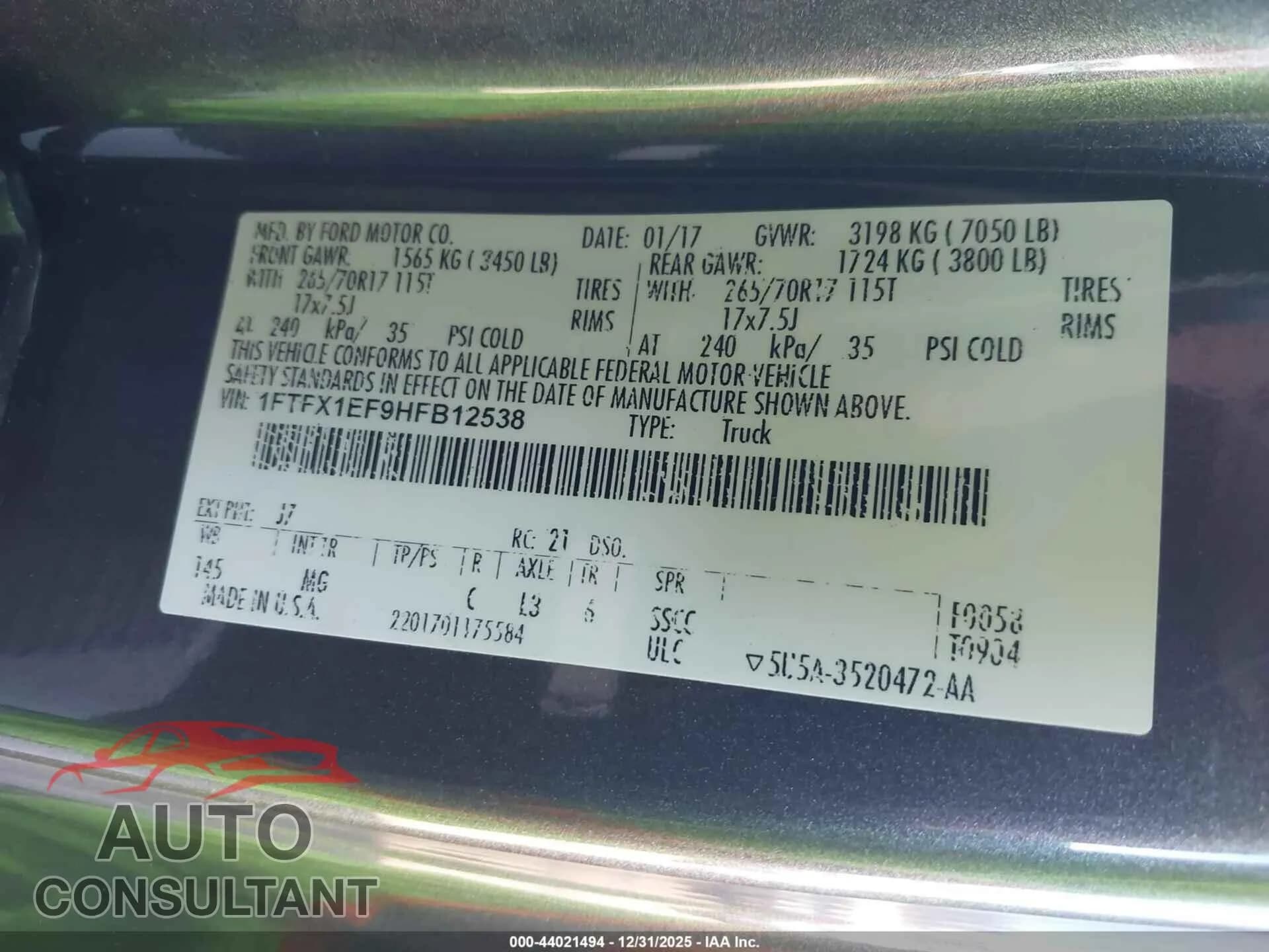 2017 FORD F-150 Damaged VIN 1FTFX1EF9HFB12538 – trunk area 2017 FORD F-150 Damaged VIN 1FTFX1EF9HFB12538 – trunk area