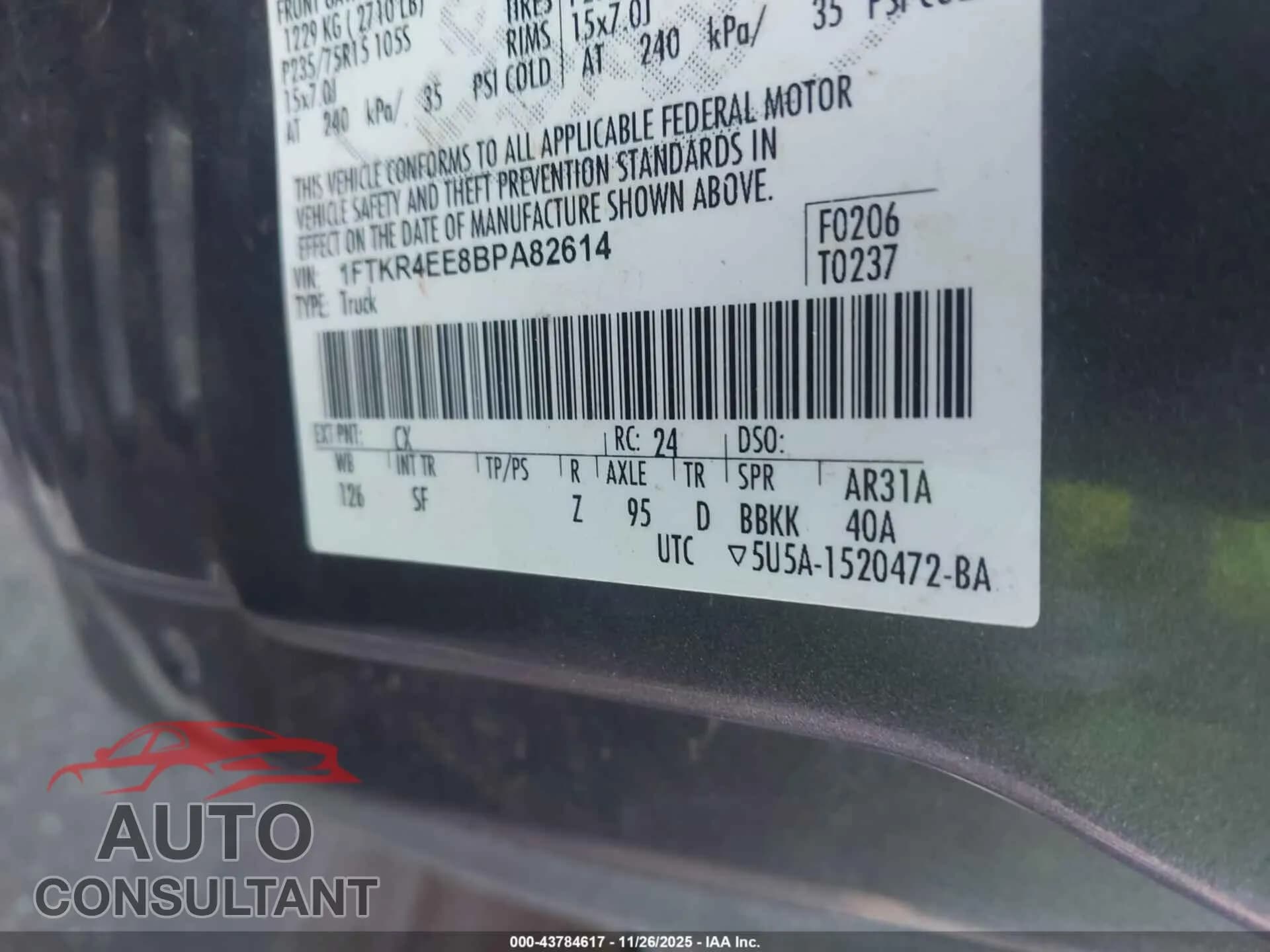 2011 FORD RANGER Damaged VIN 1FTKR4EE8BPA82614 – trunk area 2011 FORD RANGER Damaged VIN 1FTKR4EE8BPA82614 – trunk area