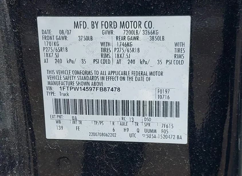 2007 FORD F-150 Used VIN 1FTPW14597FB87478 – interior seats 2007 FORD F-150 Used VIN 1FTPW14597FB87478 – interior seats