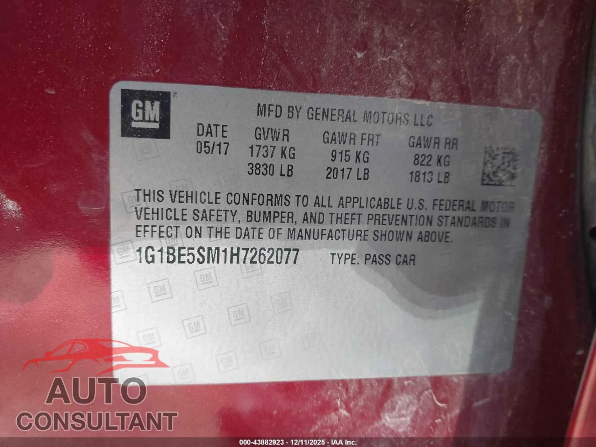 2017 CHEVROLET CRUZE Damaged VIN 1G1BE5SM1H7262077 – trunk area 2017 CHEVROLET CRUZE Damaged VIN 1G1BE5SM1H7262077 – trunk area