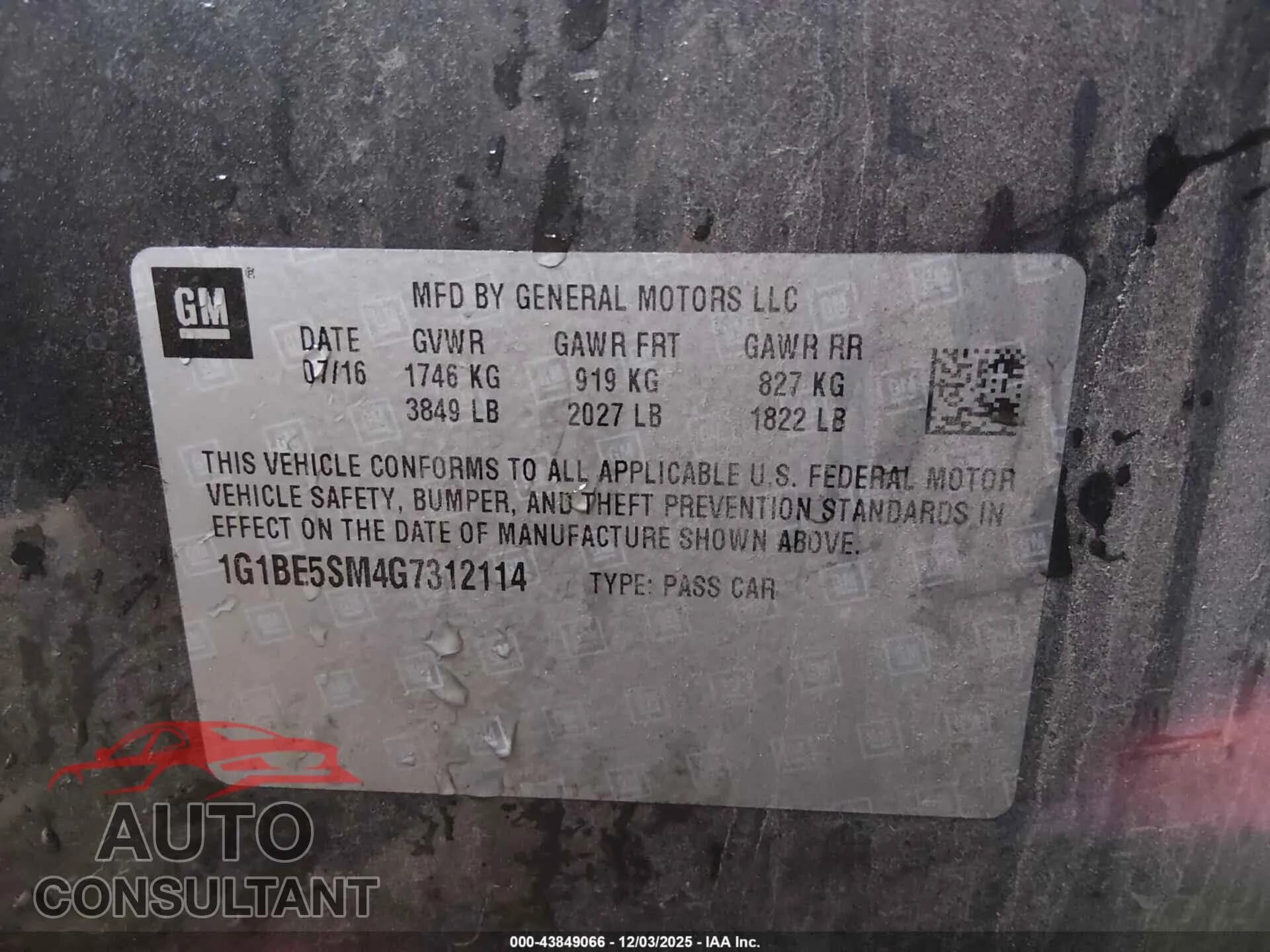 2016 CHEVROLET CRUZE Damaged VIN 1G1BE5SM4G7312114 – trunk area 2016 CHEVROLET CRUZE Damaged VIN 1G1BE5SM4G7312114 – trunk area