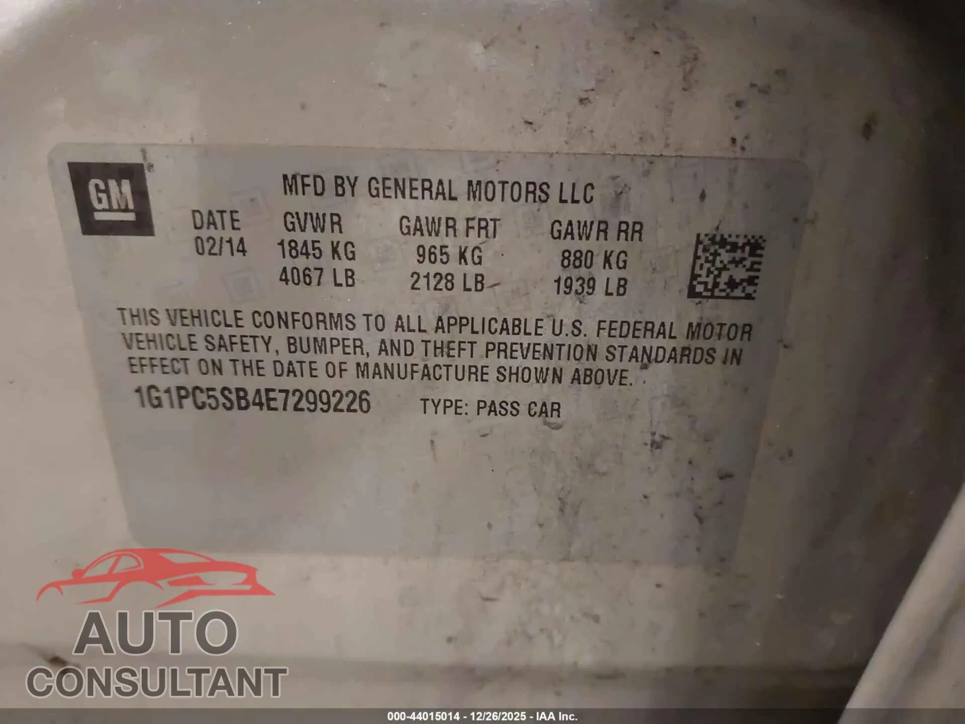 2014 CHEVROLET CRUZE Damaged VIN 1G1PC5SB4E7299226 – trunk area 2014 CHEVROLET CRUZE Damaged VIN 1G1PC5SB4E7299226 – trunk area